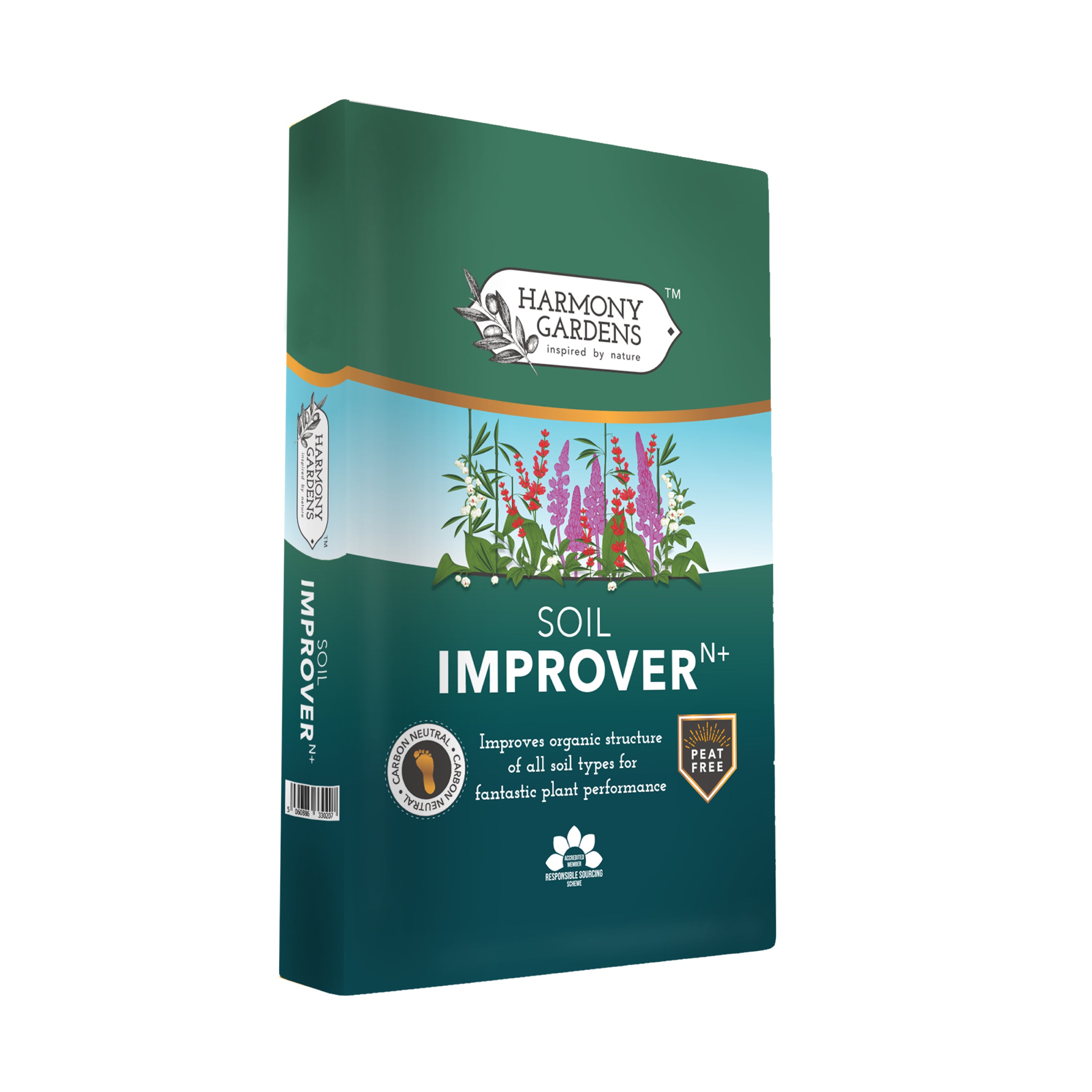 Harmony Gardens Soil Improver (50L) | Peat-Free Top Soil Fertiliser and Conditioner. Nitrogen and Trace Element Enriched