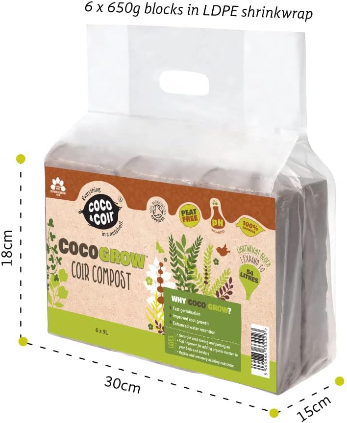 Coco & Coir 6 x 650g Organic Peat Free Compost Coco Soil. Reptile, Turtle Vivarium Substrate - Coco Grow (54L)