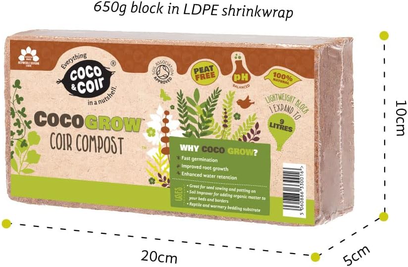 COCO & COIR Coco Soil Coconut Fibre. 100% Natural Organic Coconut Coir Compost Brick - Coco Grow (9L)