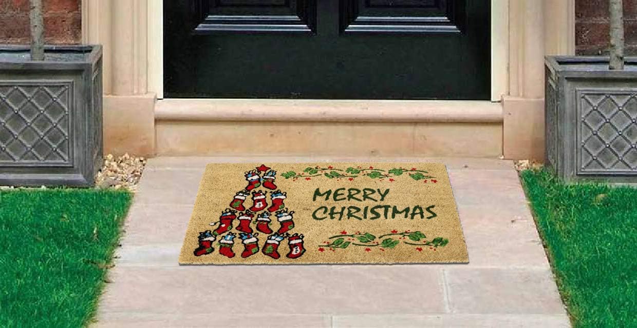 Coco&Coir Door Mat| Non-Slip | Thick Coir | Premium Quality | Rubber Backed | Eco-Friendly | Indoor | Outdoor | Heavy Duty | Christmas Theme | Xmas Entrance Door Mat (Socks Xmas)
