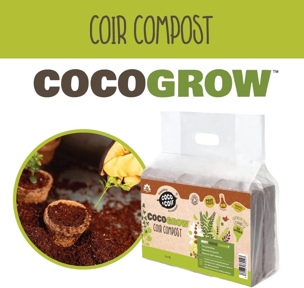 Coco & Coir 6 x 650g Organic Peat Free Compost Coco Soil. Reptile, Turtle Vivarium Substrate - Coco Grow (54L)