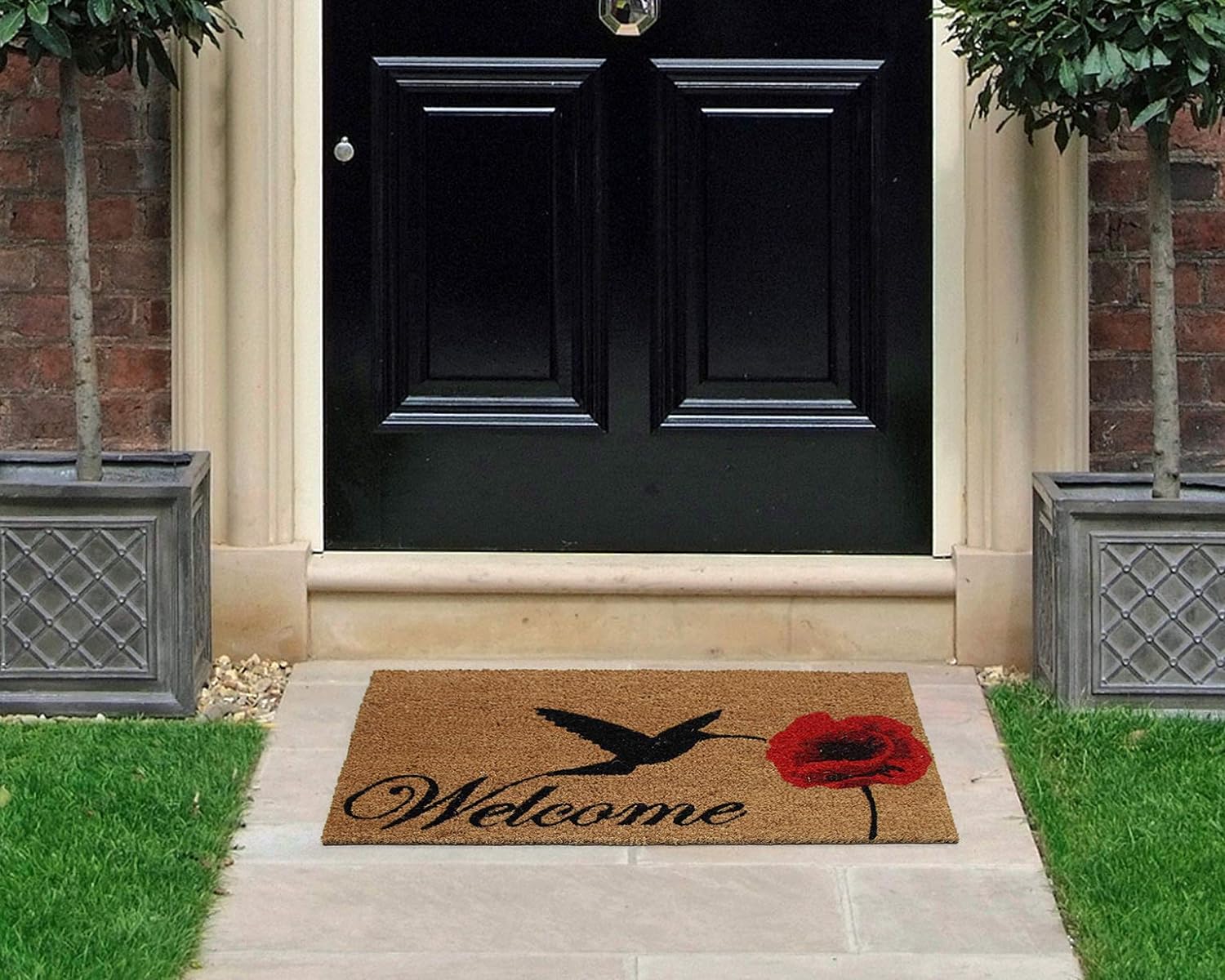 Coco & Coir Door Mats Indoor/Outdoor | Non Slip Bold Poppy Design Welcome Entrance Mat (Poppy Nectar)