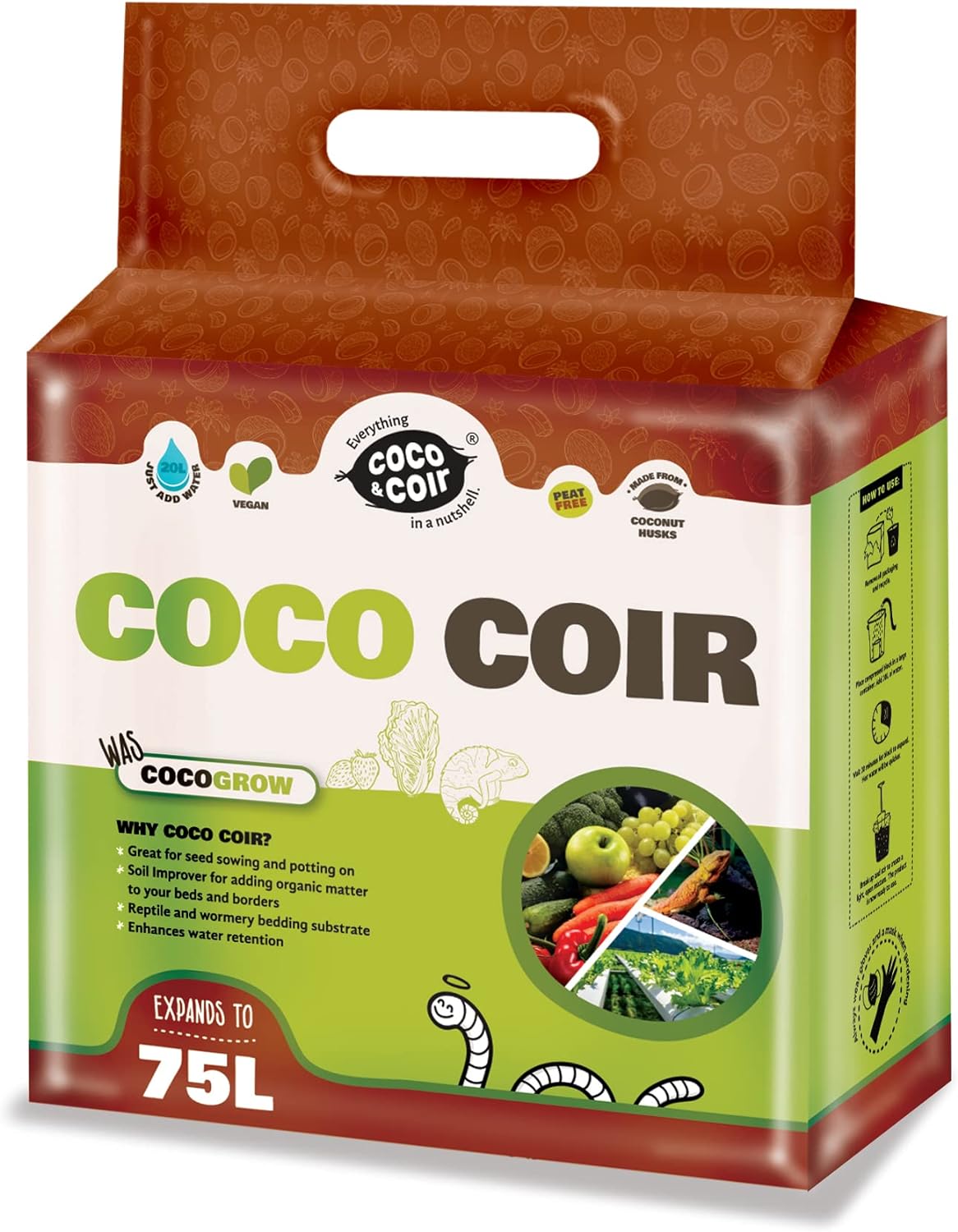 COCO & COIR Coco Soil Coconut Fibre. 100% Natural Organic Coconut Coir Compost Brick. Reptile Tortoise Bedding - Coco Grow (75L)