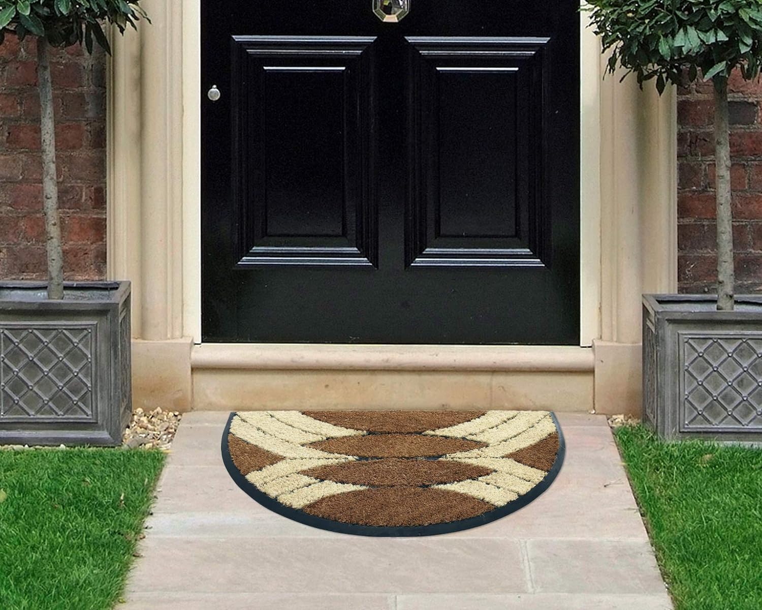 Coco & Coir Indoor Outdoor Doormat | Natural Thick (1.6cm) Coir, Hard Wearing Non-Slip Rubber Backed Entrance Mat (Palm Cluster Arc)