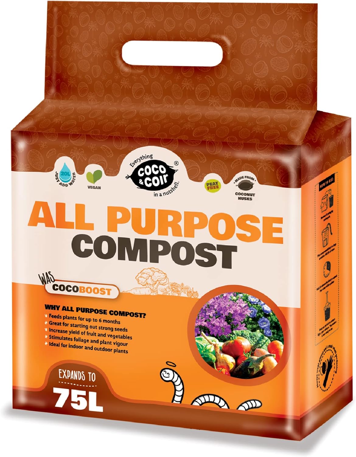 Coco & Coir All Purpose Compost. Peat-free Coco Soil for Plants Indoors. Potting Soil Fertilised with NPK - Coco Boost (75L)
