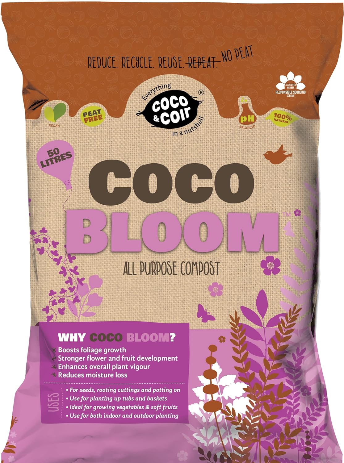 Peat-free Multi Purpose Coir Compost | Nutrient Rich All Purpose Potting Compost - Coco & Coir Coco Bloom (50L)