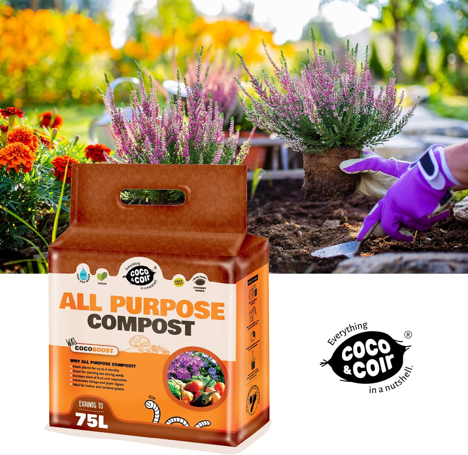 Coco & Coir All Purpose Compost. Peat-free Coco Soil for Plants Indoors. Potting Soil Fertilised with NPK - Coco Boost (75L)
