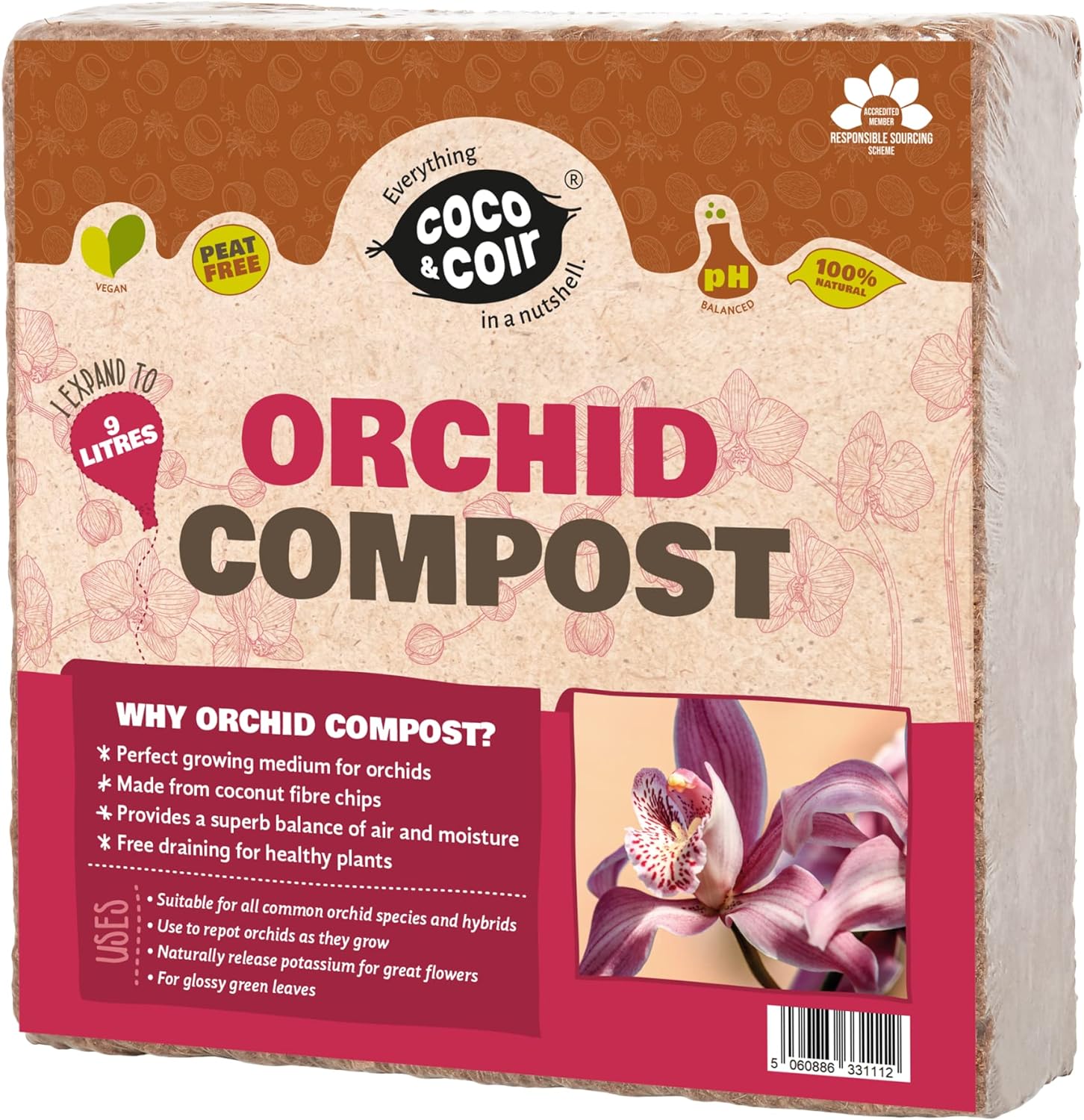 Coco & Coir Orchid Potting Mix | Peat-free Orchid Compost/Orchid Bark Replacement with Orchid Feed | Repotting All Orchid Plants (9L)