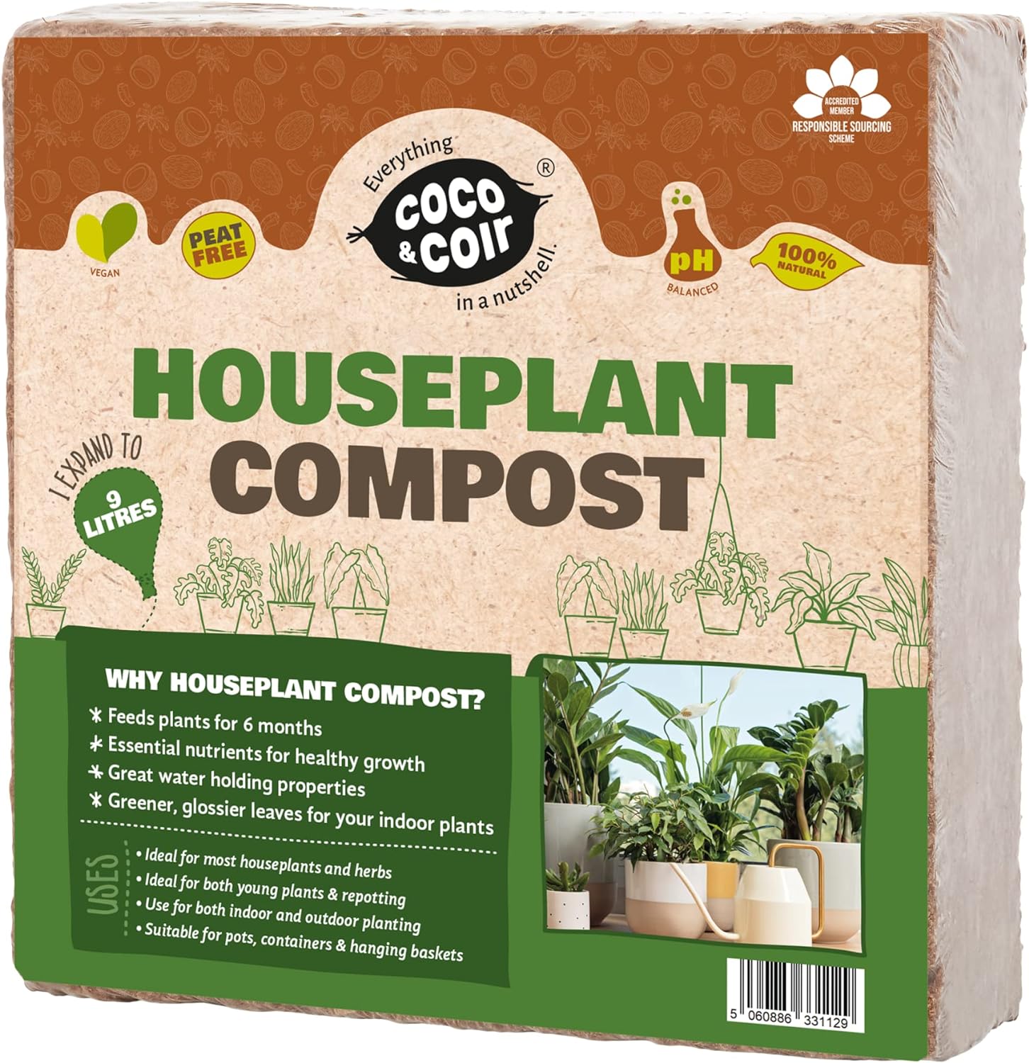 Coco & Coir Houseplant Potting Mix | Peat-free Potting Soil For Indoor Plants | Plant Food Enriched Houseplant Compost With House Plant Fertilizer Formulation (9L)