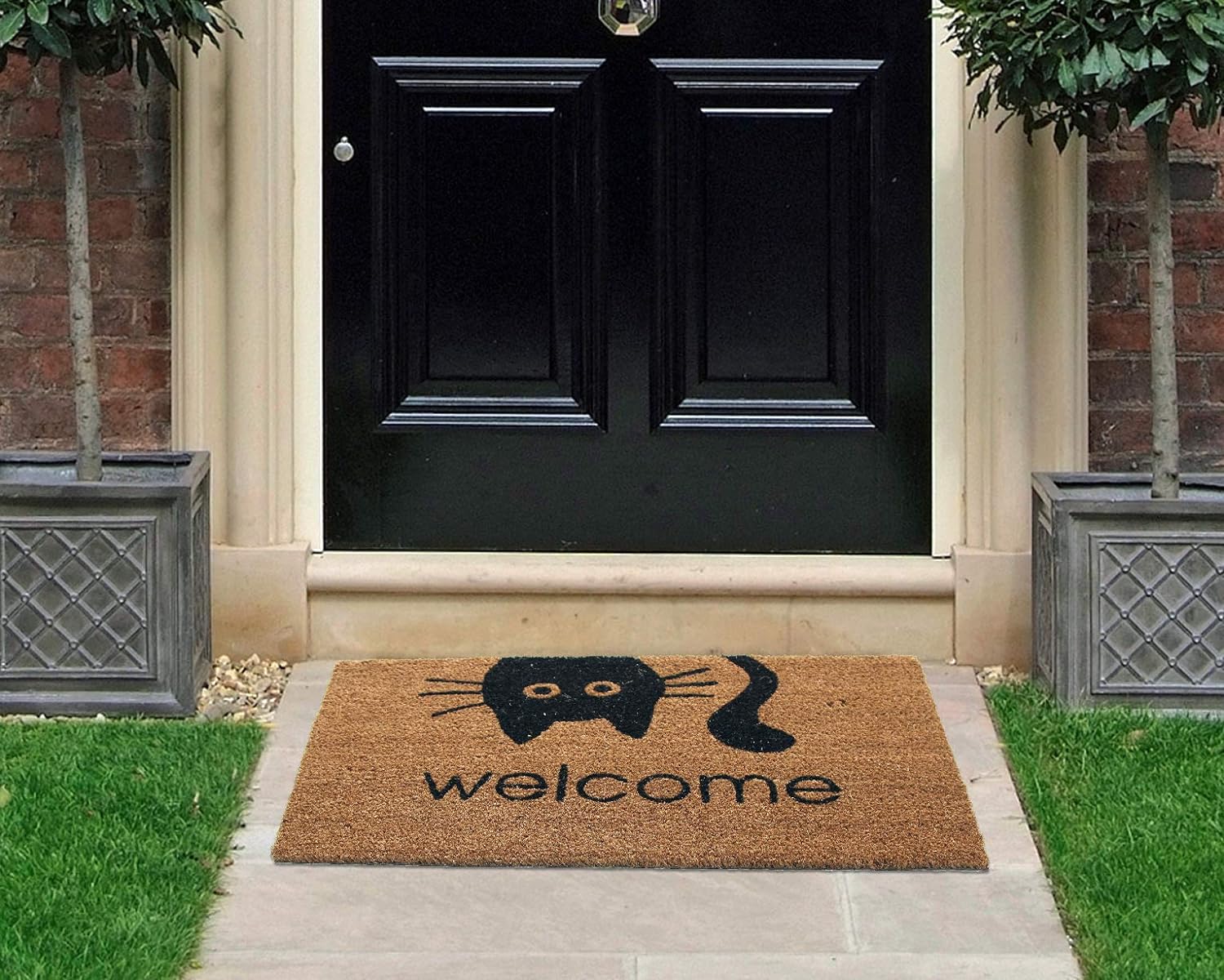 Coco & Coir Door Mats Indoor/Outdoor | Non Slip Cat Design Entrance Welcome Mat (Meow Welcome)