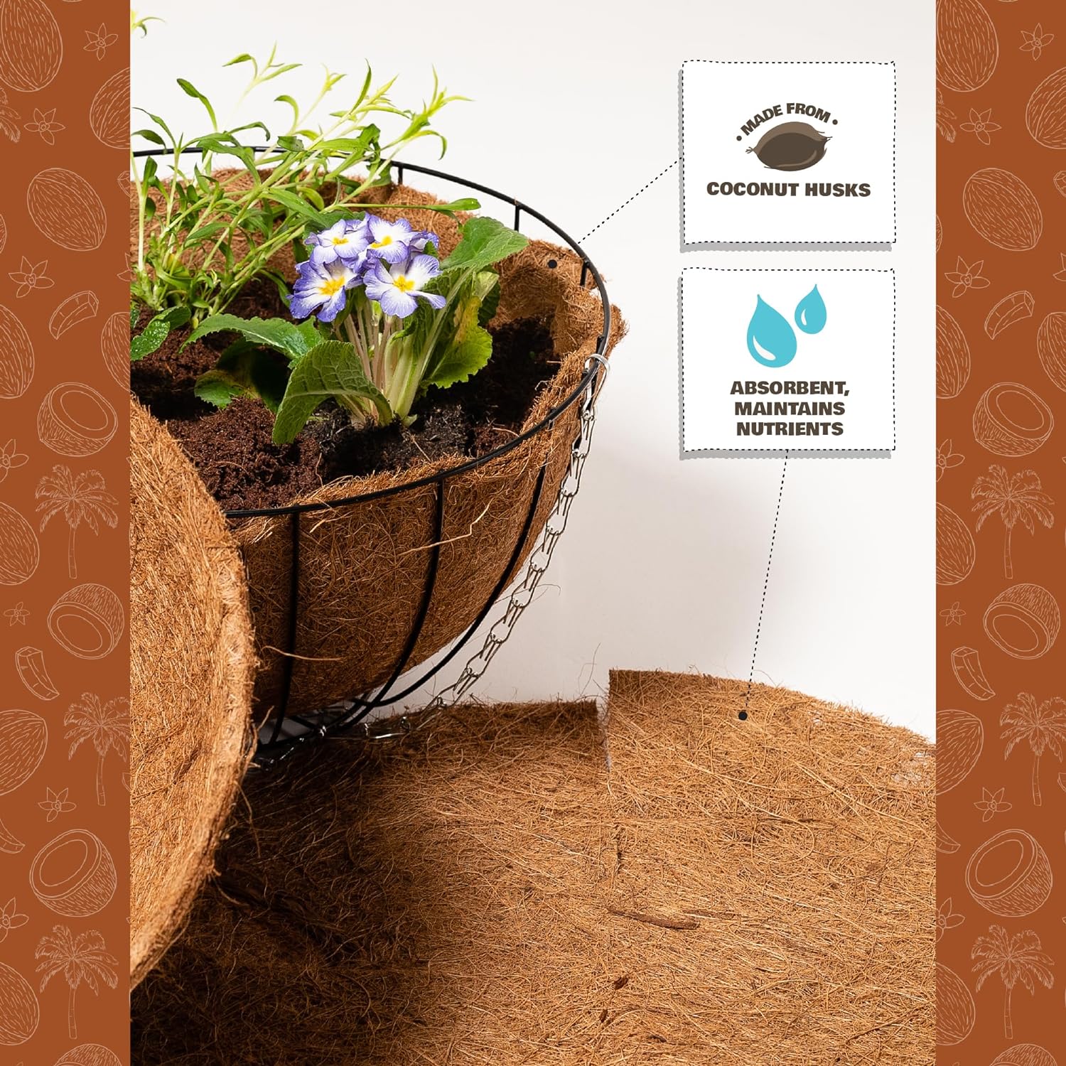 COCO & COIR Flat Basket Liner| Flat Coco Fibre Replacement Liner for Plants Wall Baskets (Round)