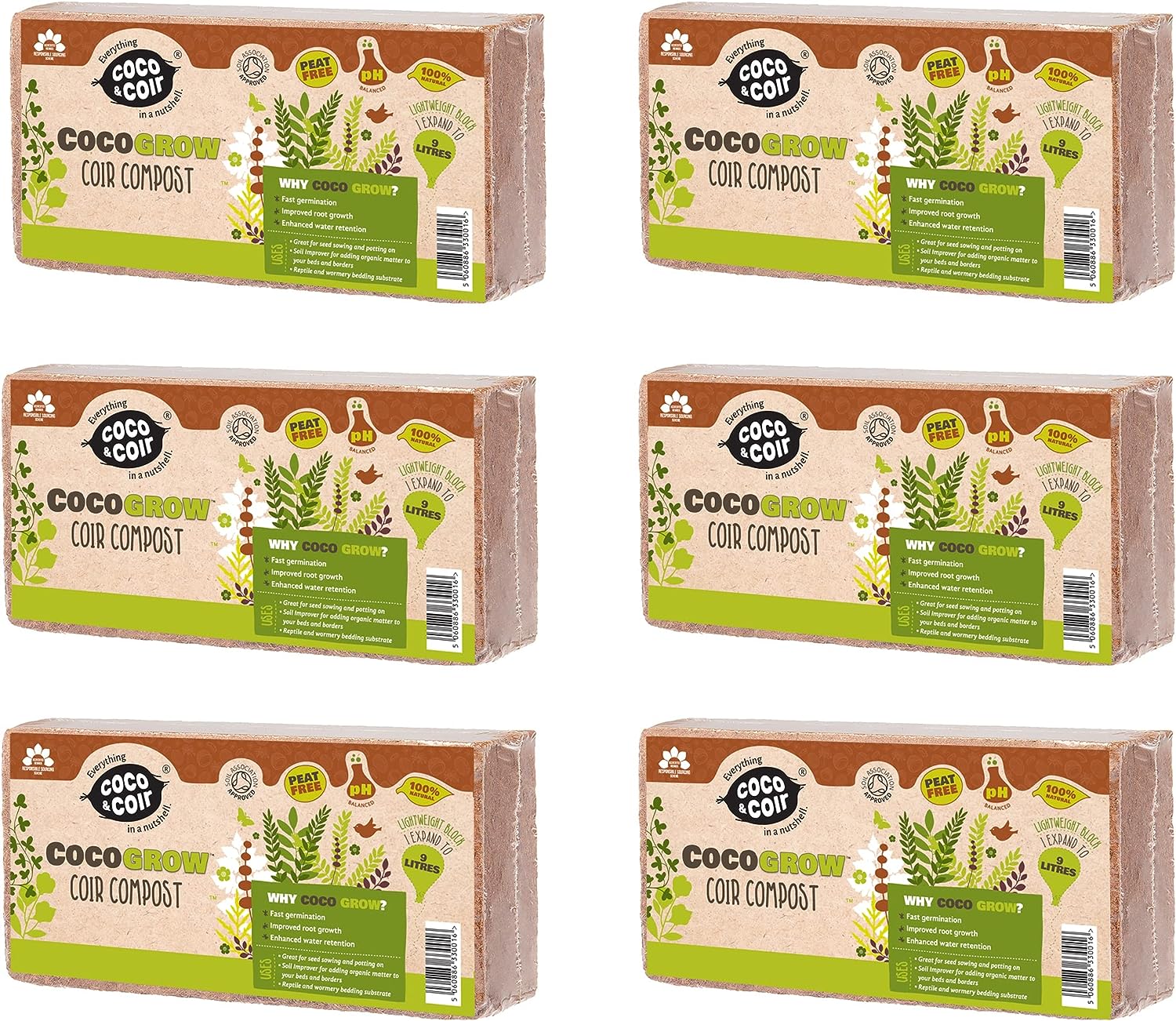 Coco & Coir 6 x 650g Organic Peat Free Compost Coco Soil. Reptile, Turtle Vivarium Substrate - Coco Grow (54L)