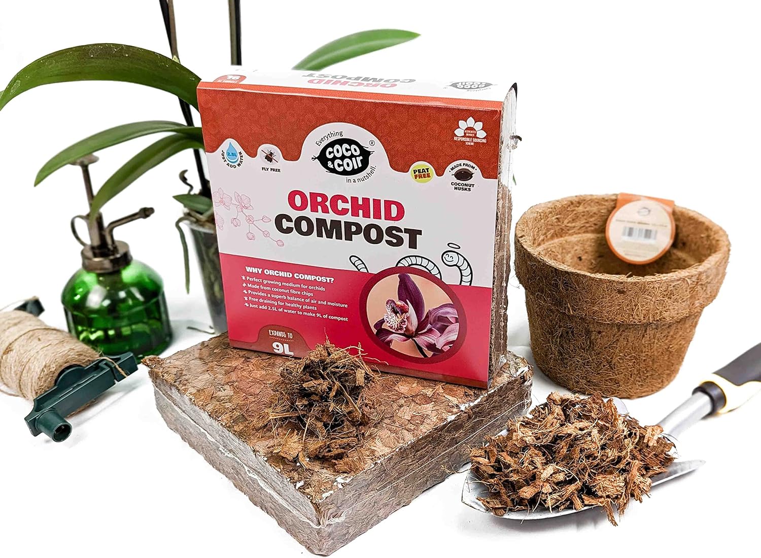 Coco & Coir Orchid Potting Mix | Peat-free Orchid Compost/Orchid Bark Replacement with Orchid Feed | Repotting All Orchid Plants (9L)