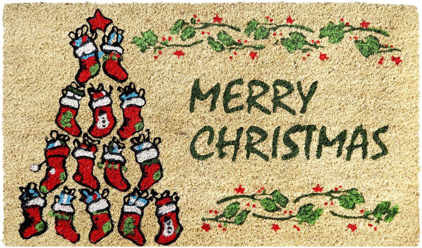 Coco&Coir Door Mat| Non-Slip | Thick Coir | Premium Quality | Rubber Backed | Eco-Friendly | Indoor | Outdoor | Heavy Duty | Christmas Theme | Xmas Entrance Door Mat (Socks Xmas)