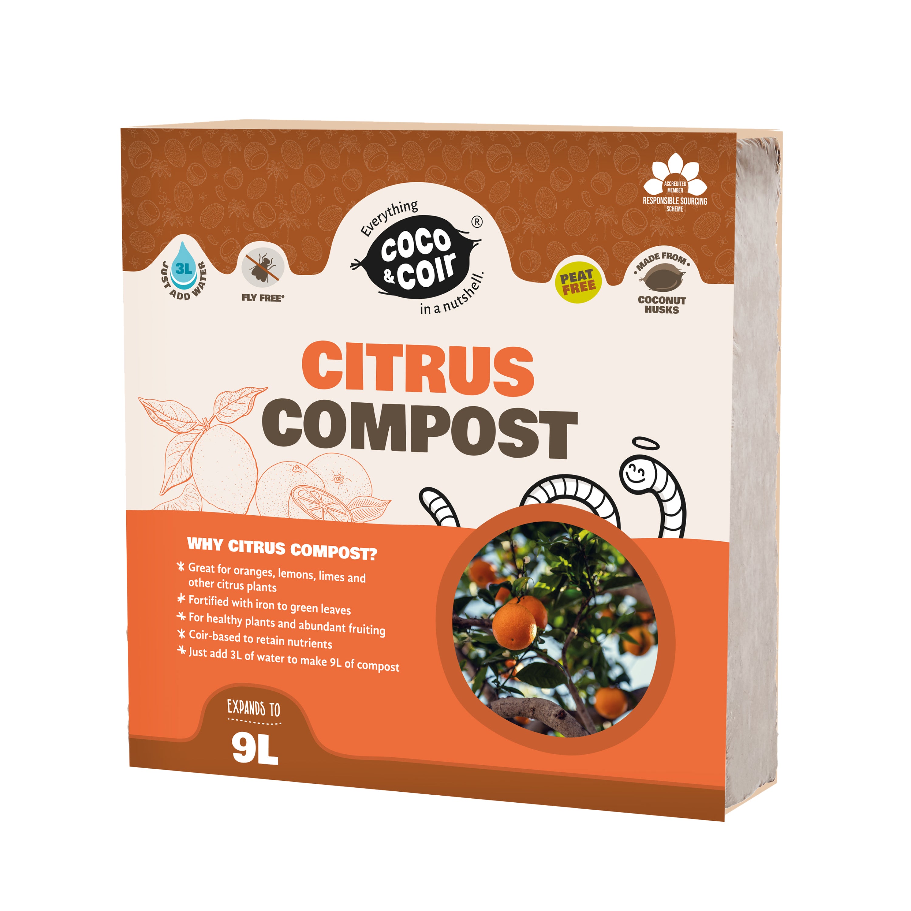 Coco & Coir Citrus Compost | Peat-free Coco Coir Citrus Plant Feed With Iron | Potting Compost Mix To Enhance Fruiting And Greener Leaves In All Citrus Plants (9L)