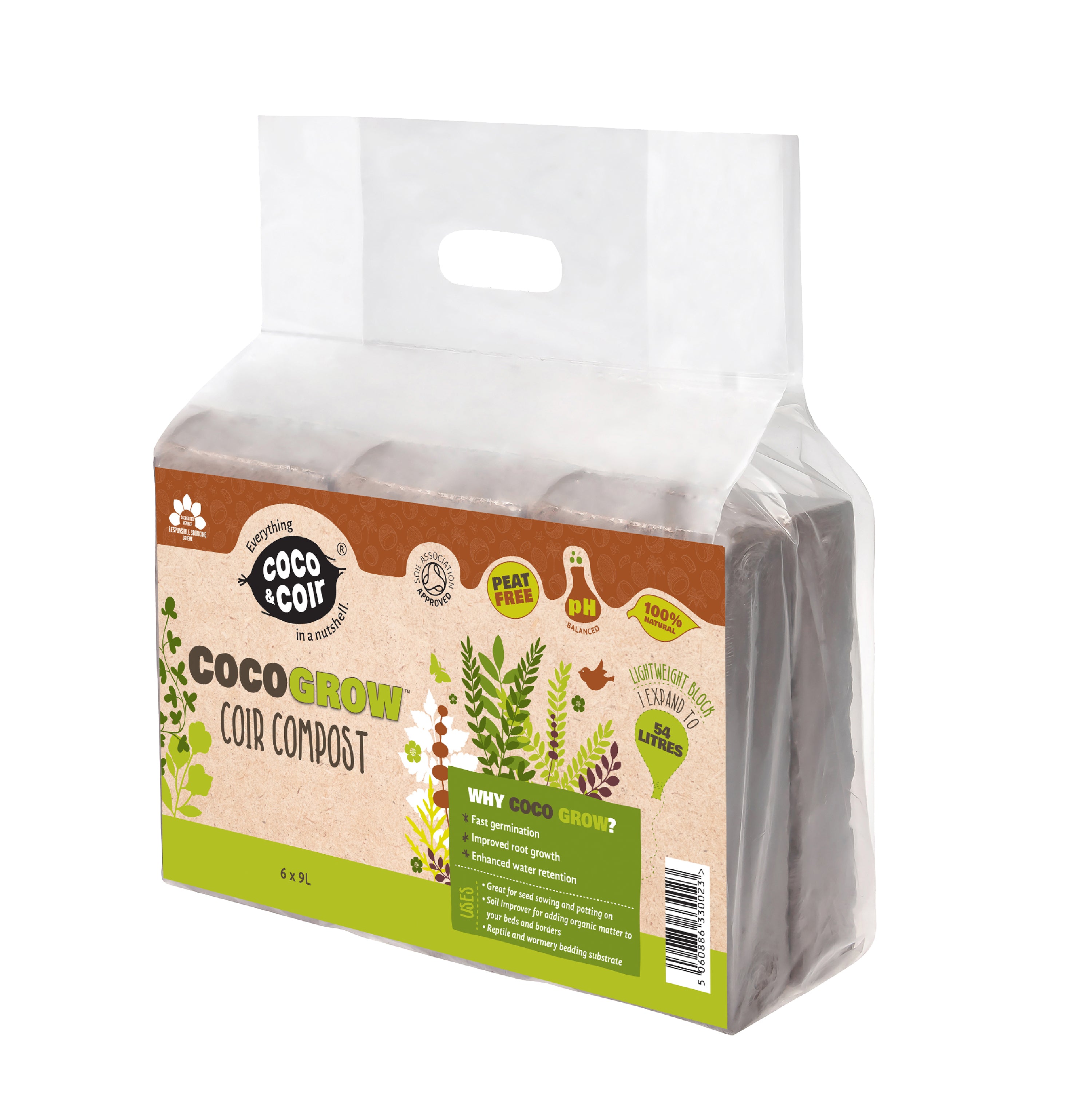 Coco & Coir 6 x 650g Organic Peat Free Compost Coco Soil. Reptile, Turtle Vivarium Substrate - Coco Grow (54L)