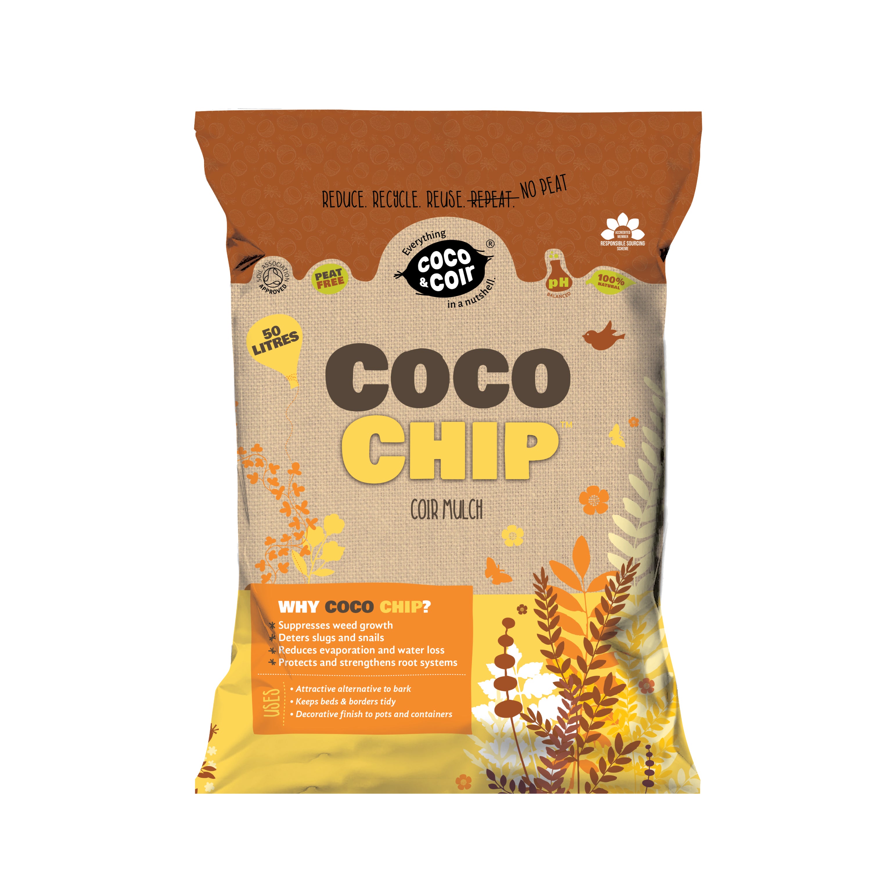 Coco & Coir Coco Chip Mulch (50L Bagged) | 100% Natural Eco-friendly Coir Mulch Bark Replacement