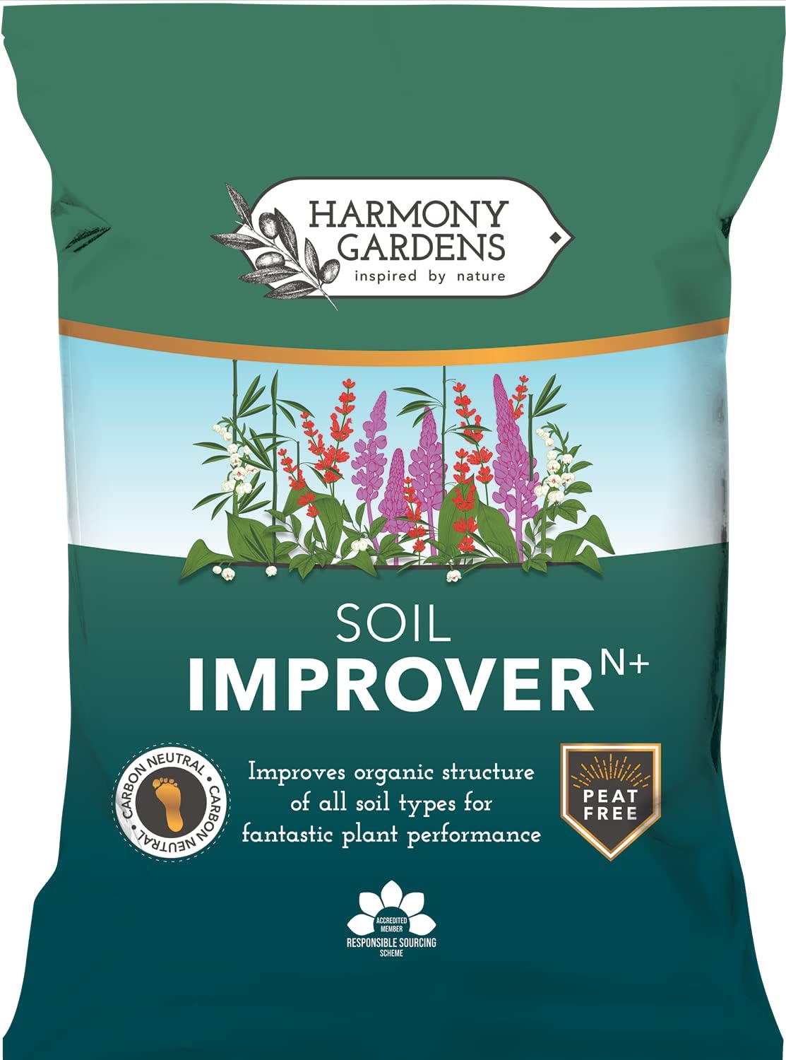 Harmony Gardens Soil Improver (50L) | Peat-Free Top Soil Fertiliser and Conditioner. Nitrogen and Trace Element Enriched
