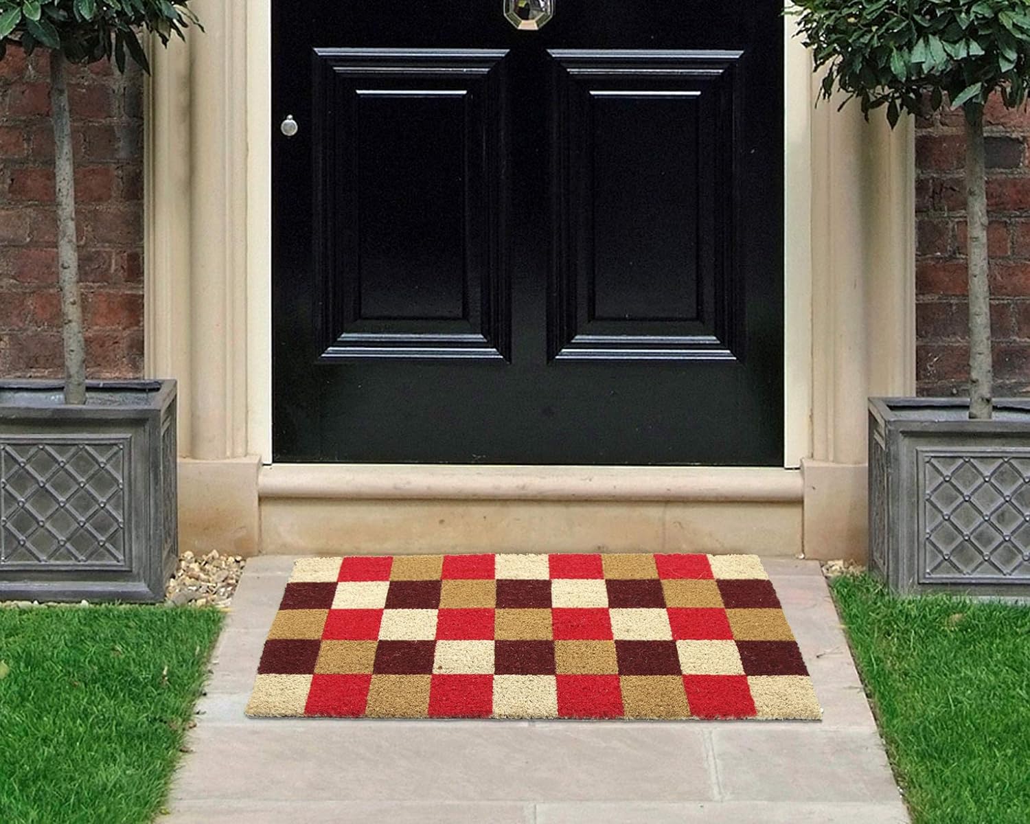 Coco&Coir Door Mat | Natural Coir | Non-Slip | Thick Coir | Premium Quality | Rubber Backed | Eco-Friendly | Indoor | Outdoor | Heavy Duty | Entrance Door Mat | 45 x 75 cm (Vintage Checks)