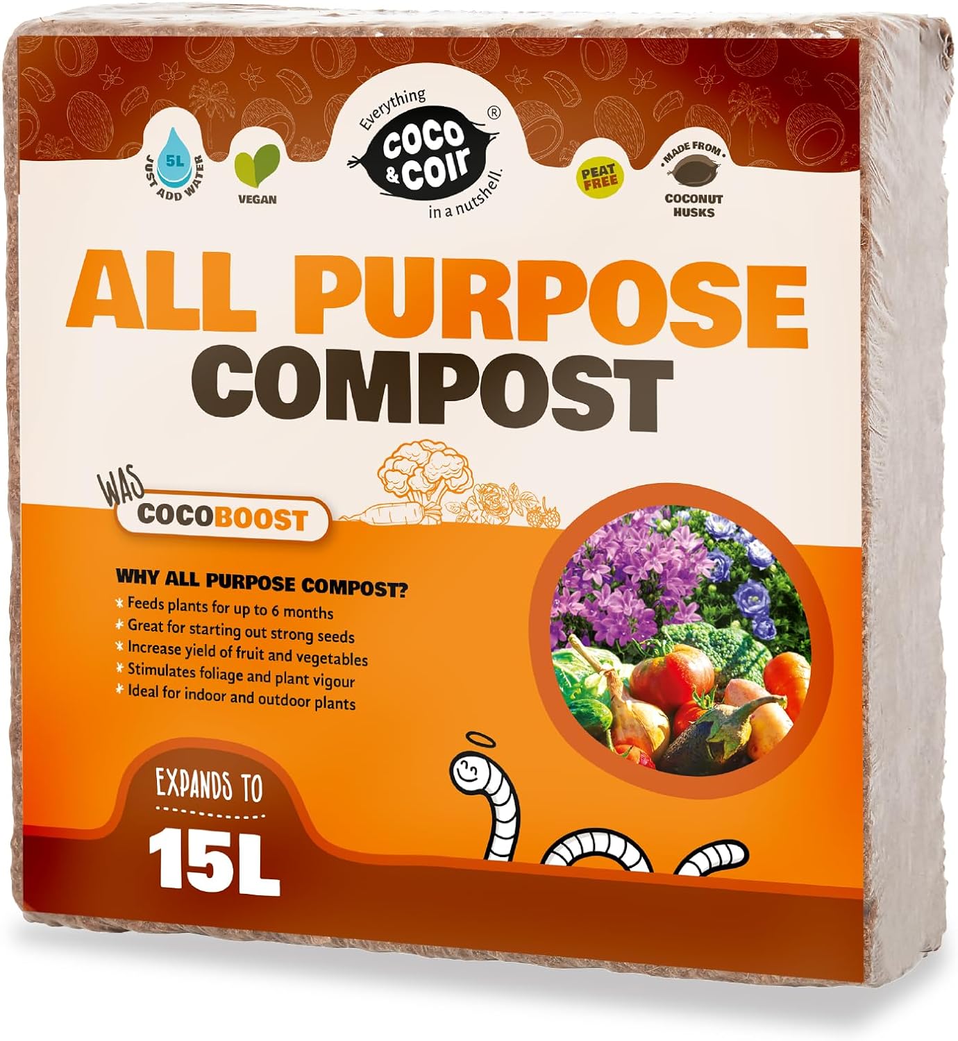 Coco & Coir Peat-free Compost. Potting Compost with 6 months Nutrition. Coir Soil for Plants Indoors/Outdoor- Coco Boost (15L / 1KG)