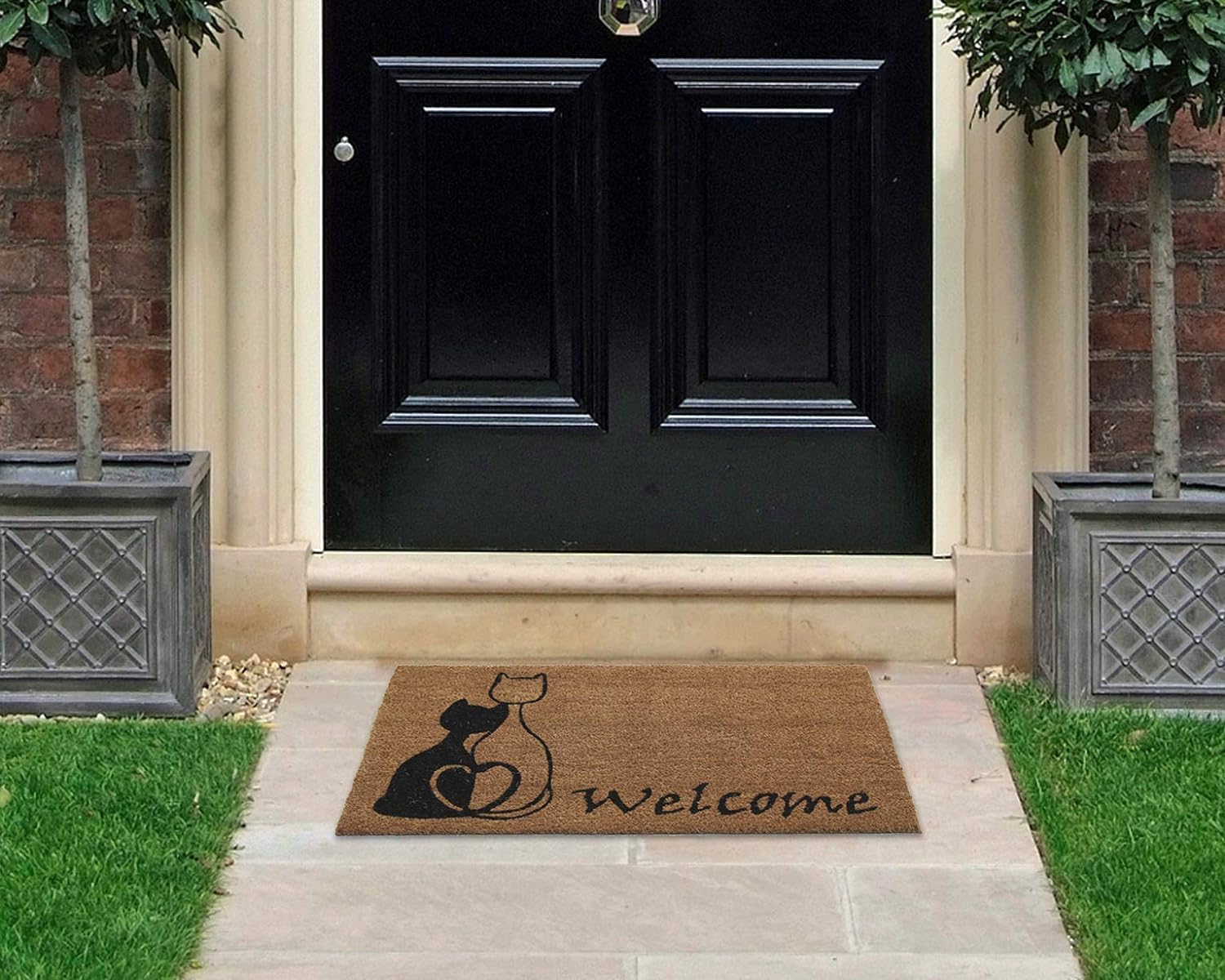 Coco&Coir Door Mat | Non-Slip | Thick Coir | Premium Quality | Rubber Backed | Eco-Friendly | Indoor | Outdoor | Heavy Duty | Pet Series | Cat Design | Door Mat (Meow Romance)