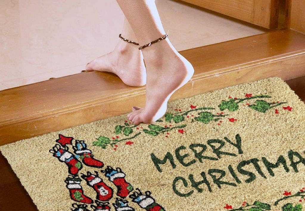 Coco&Coir Door Mat| Non-Slip | Thick Coir | Premium Quality | Rubber Backed | Eco-Friendly | Indoor | Outdoor | Heavy Duty | Christmas Theme | Xmas Entrance Door Mat (Socks Xmas)