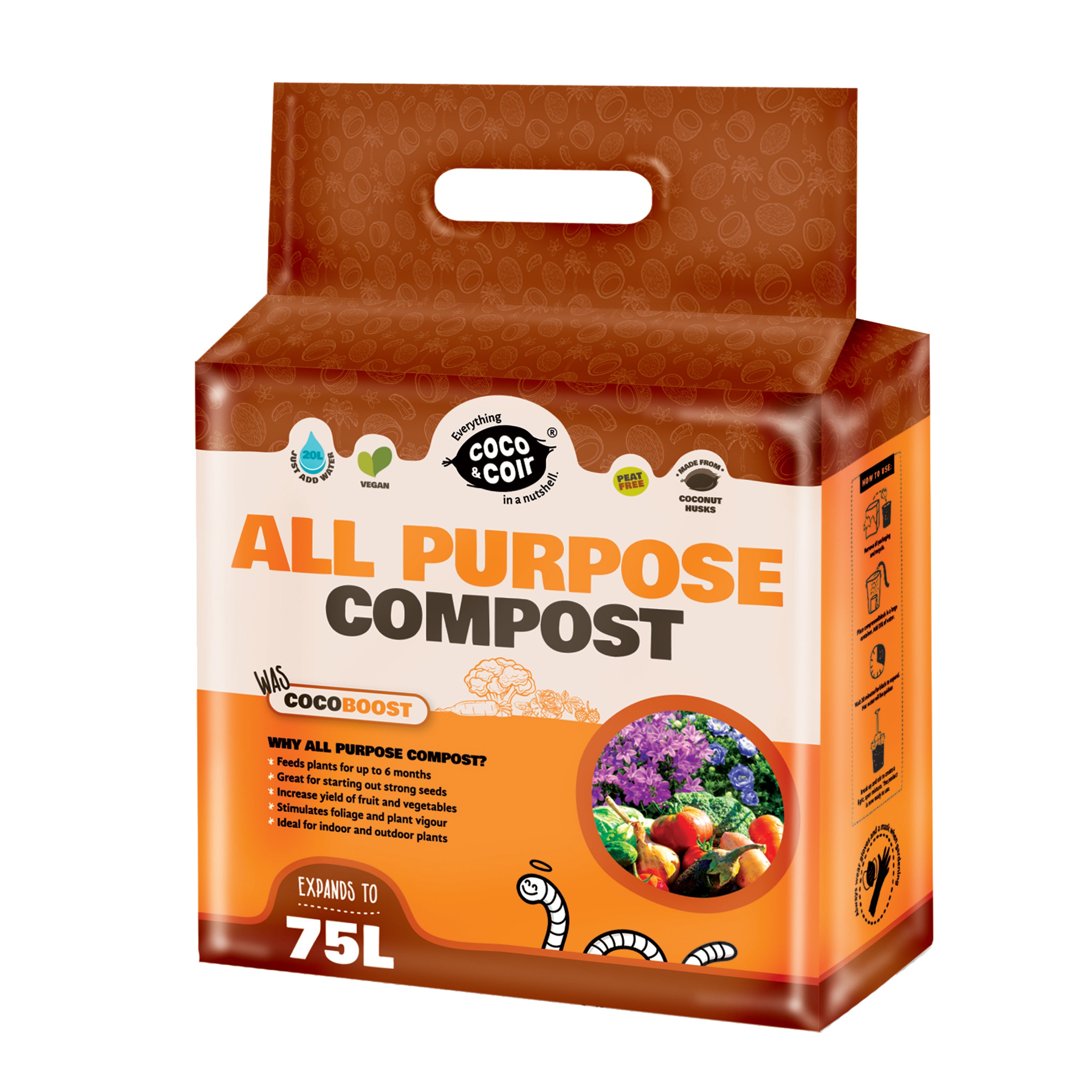 Coco & Coir All Purpose Compost. Peat-free Coco Soil for Plants Indoors. Potting Soil Fertilised with NPK - Coco Boost (75L)