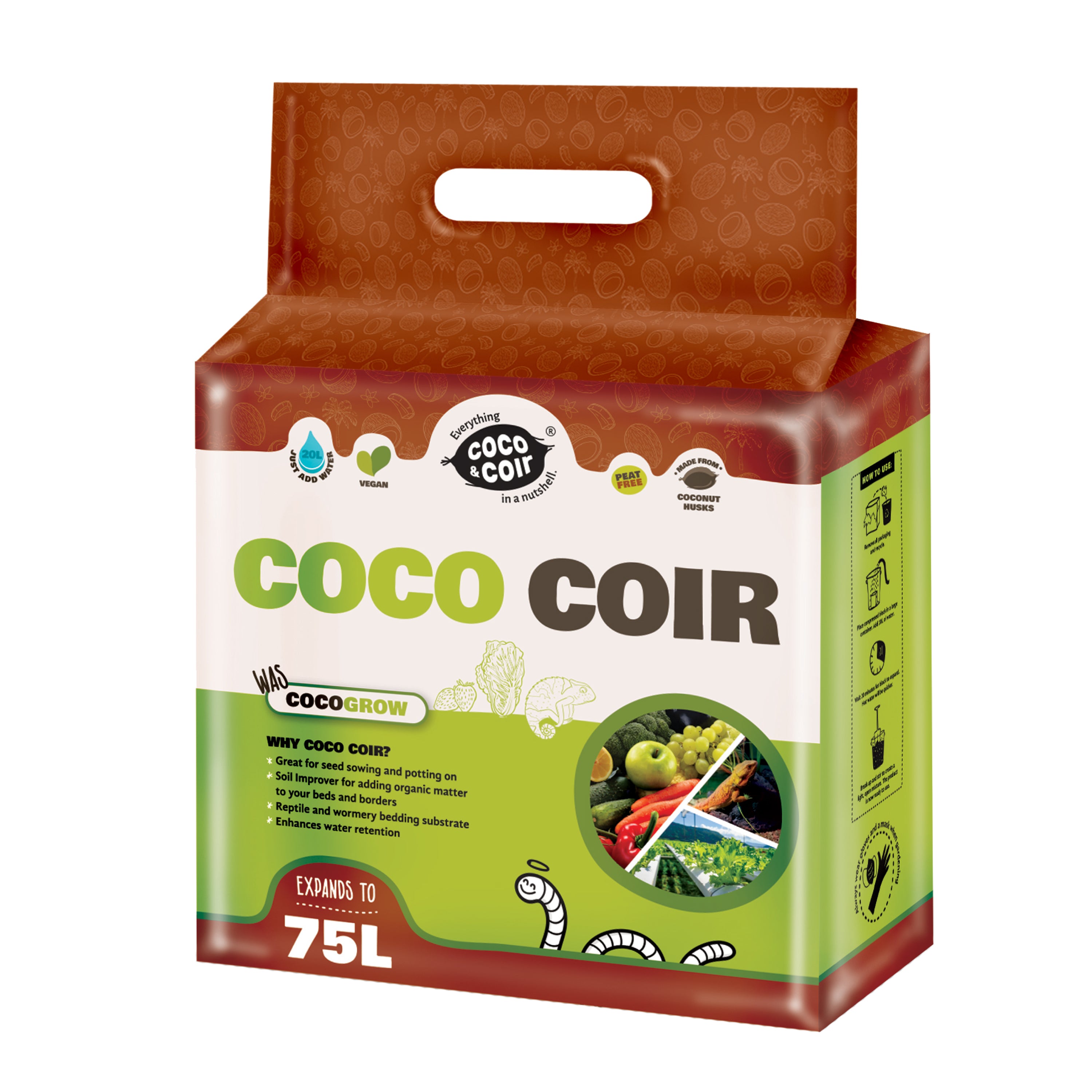 COCO & COIR Coco Soil Coconut Fibre. 100% Natural Organic Coconut Coir Compost Brick. Reptile Tortoise Bedding - Coco Grow (75L)