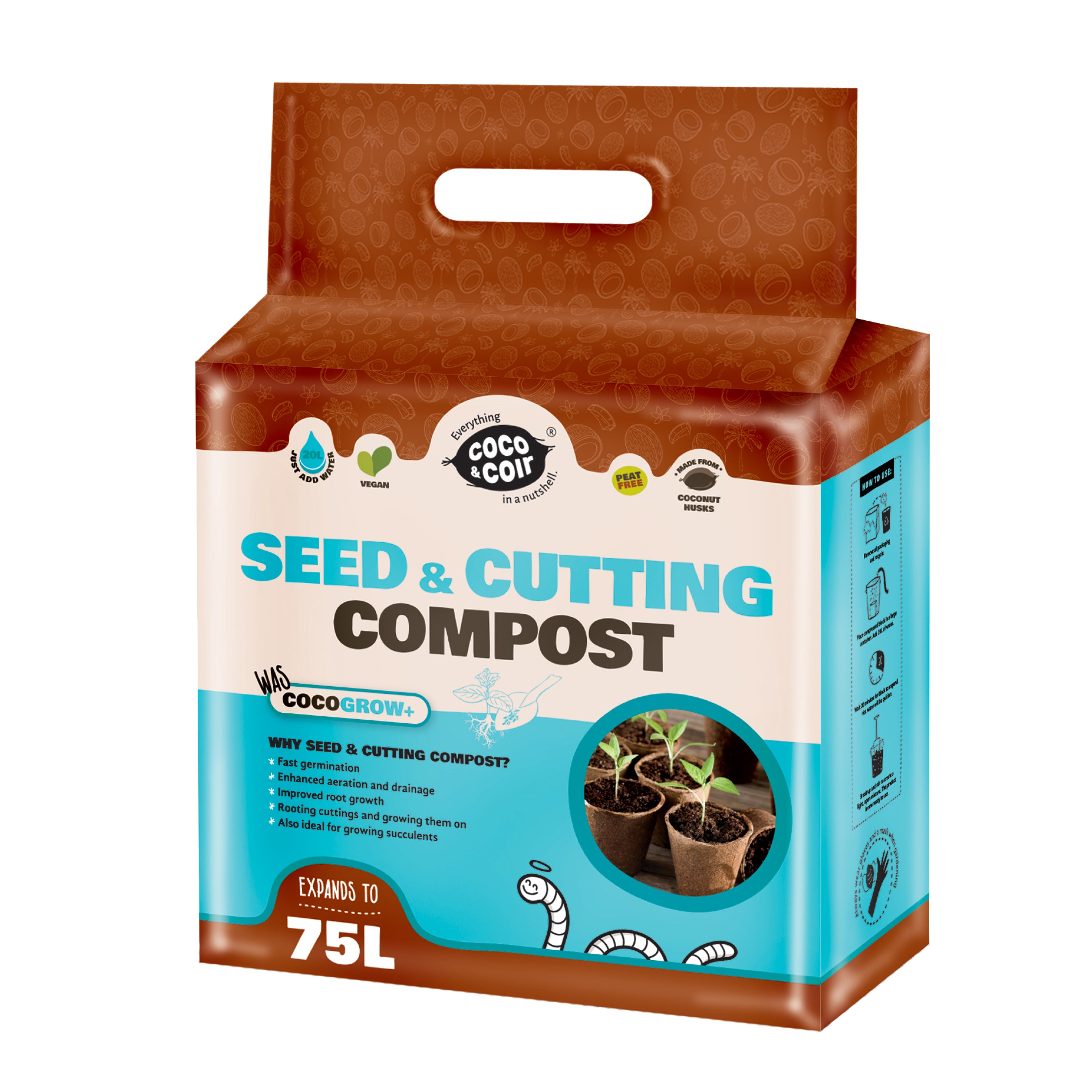 Coco & Coir Seed Compost Perlite Potting Mix | Peat-Free Organic Coco Soil Indoor Plants/Houseplants - Coco Grow+ 75L/5kg