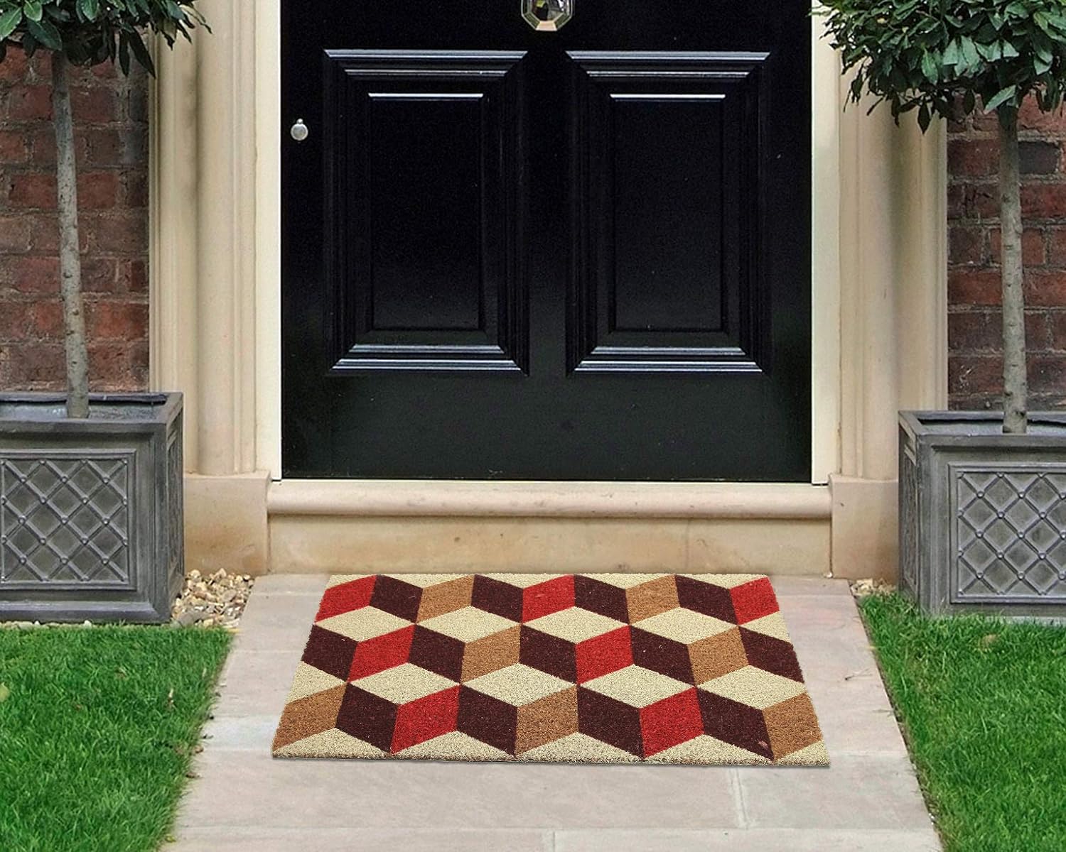 Coco&Coir Door Mat | Natural Coir | Non-Slip | Thick Coir | Premium Quality | Rubber Backed | Eco-Friendly | Indoor | Outdoor | Heavy Duty | Entrance Door Mat | 45 x 75 cm (Vintage Cubes)