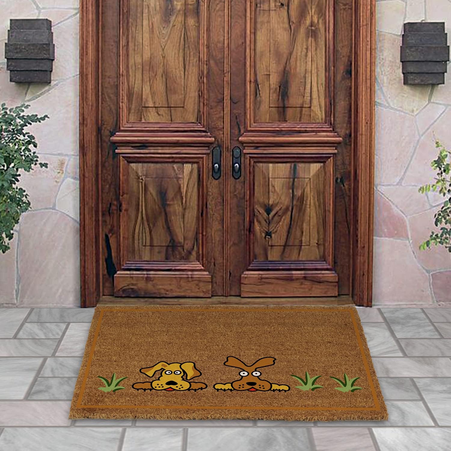 Coco & Coir Door Mats Indoor/Outdoor | Non Slip Dog Design Entrance Welcome Mat (Doggy Doggy)