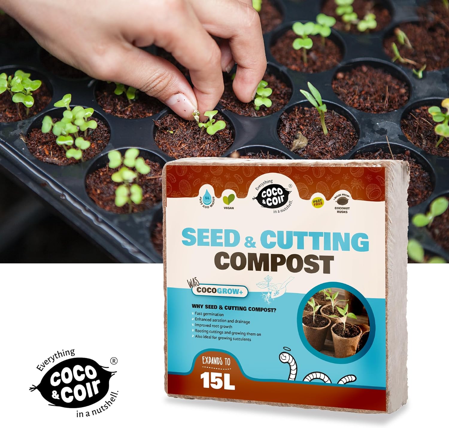 Coco & Coir Seed Compost Perlite Potting Mix | Peat-Free Organic Coco Soil Indoor Plants/Houseplants - Coco Grow+ 1kg/15L