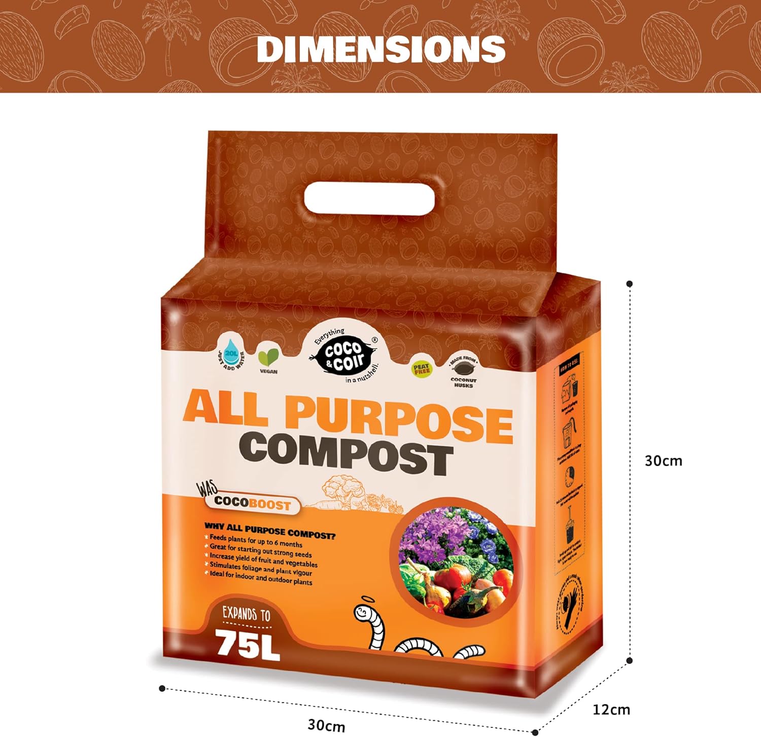 Coco & Coir All Purpose Compost. Peat-free Coco Soil for Plants Indoors. Potting Soil Fertilised with NPK - Coco Boost (75L)