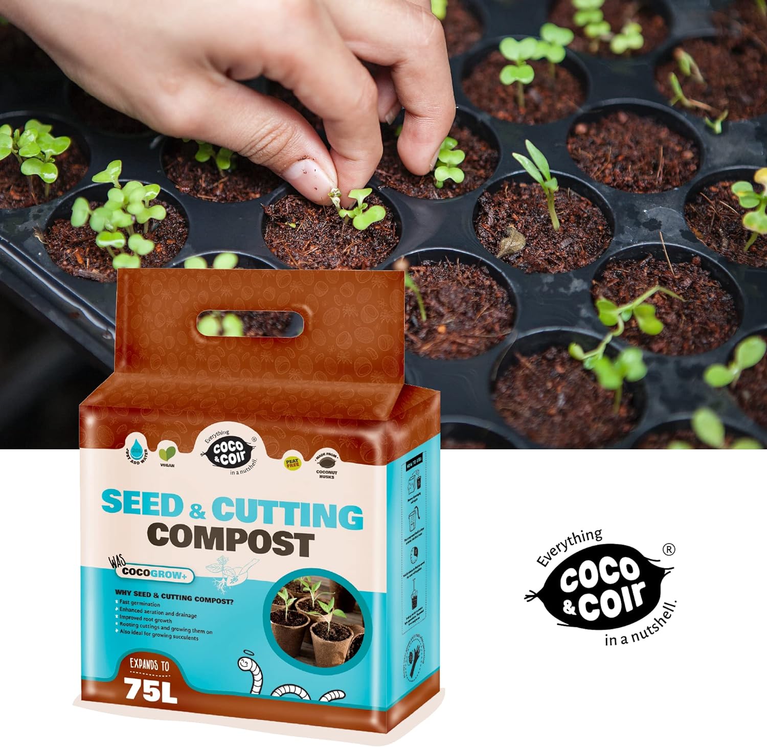 Coco & Coir Seed Compost Perlite Potting Mix | Peat-Free Organic Coco Soil Indoor Plants/Houseplants - Coco Grow+ 75L/5kg