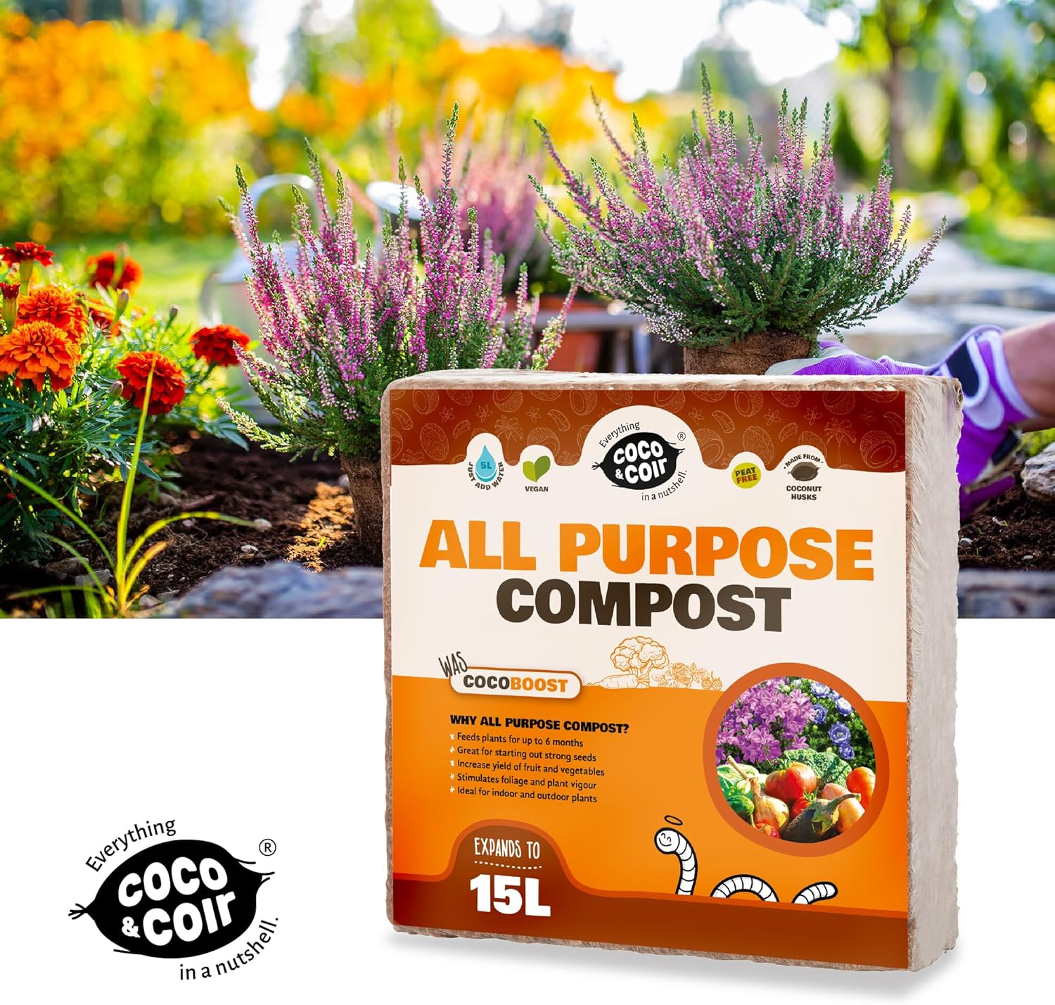 Coco & Coir Peat-free Compost. Potting Compost with 6 months Nutrition. Coir Soil for Plants Indoors/Outdoor- Coco Boost (15L / 1KG)