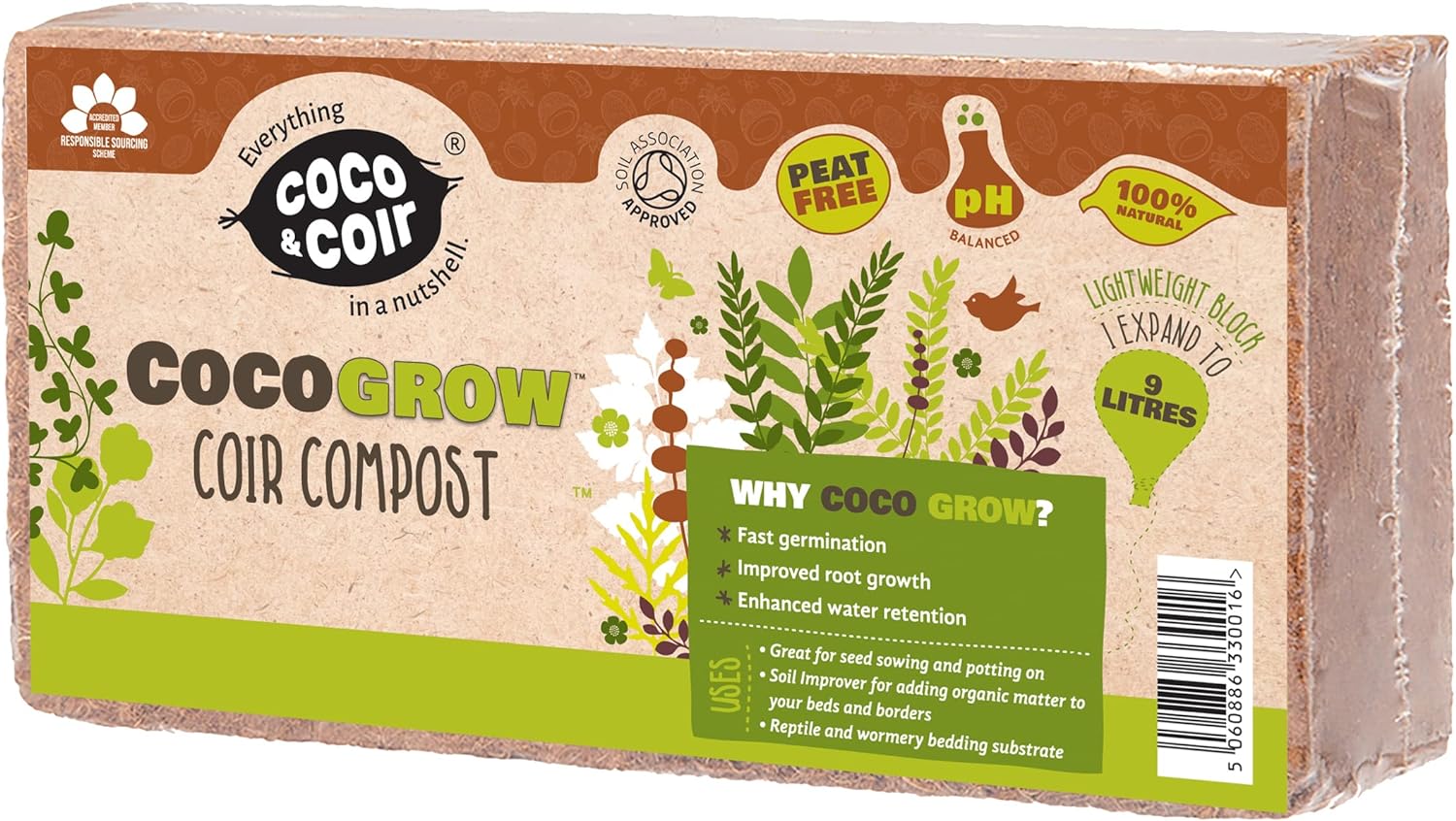 COCO & COIR Coco Soil Coconut Fibre. 100% Natural Organic Coconut Coir Compost Brick - Coco Grow (9L)