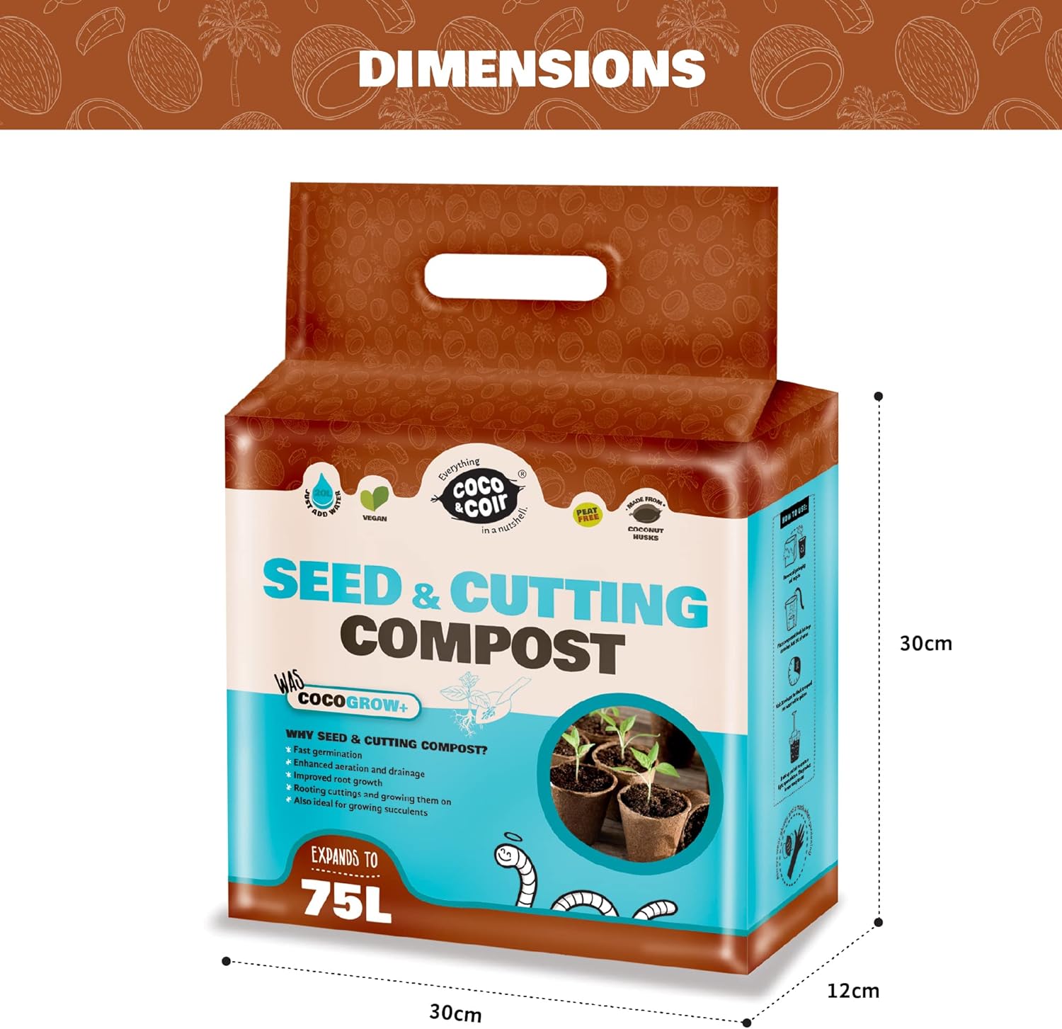 Coco & Coir Seed Compost Perlite Potting Mix | Peat-Free Organic Coco Soil Indoor Plants/Houseplants - Coco Grow+ 75L/5kg