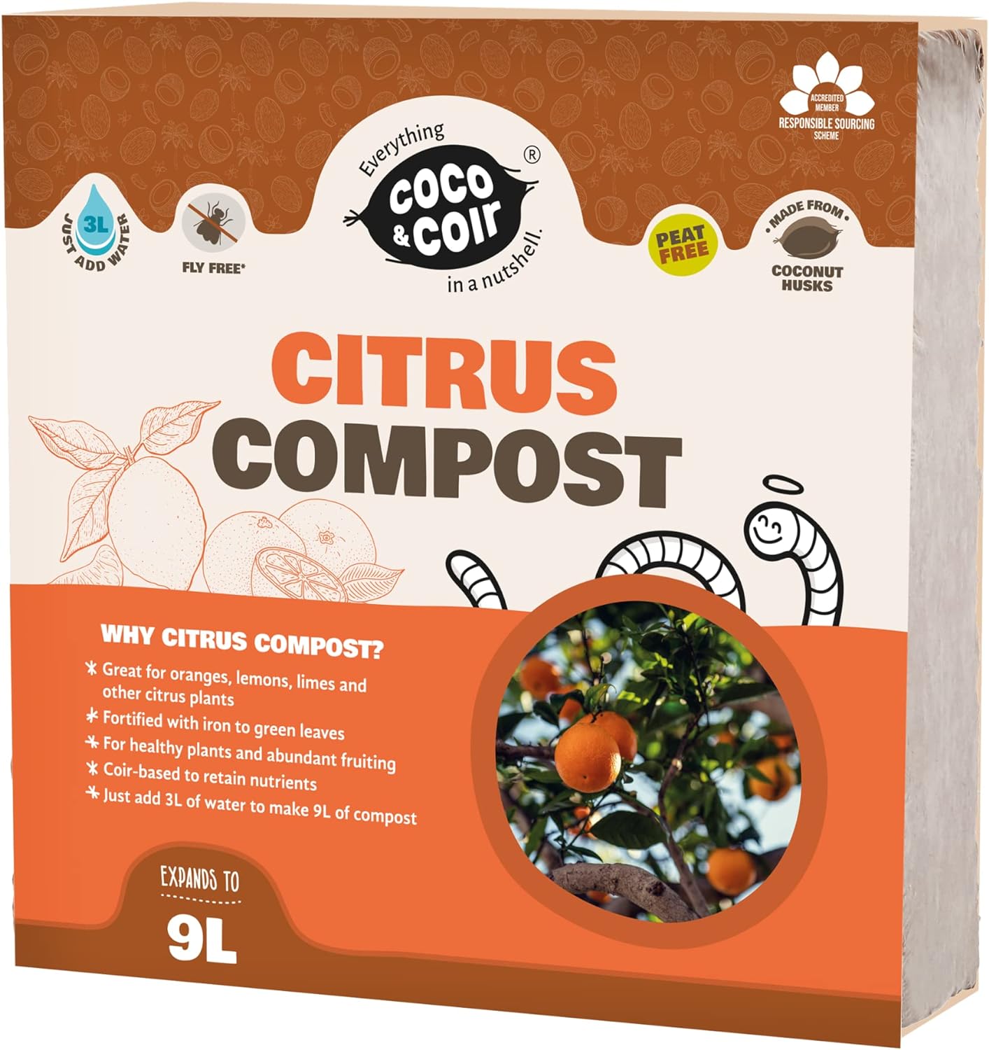 Coco & Coir Citrus Compost | Peat-free Coco Coir Citrus Plant Feed With Iron | Potting Compost Mix To Enhance Fruiting And Greener Leaves In All Citrus Plants (9L)