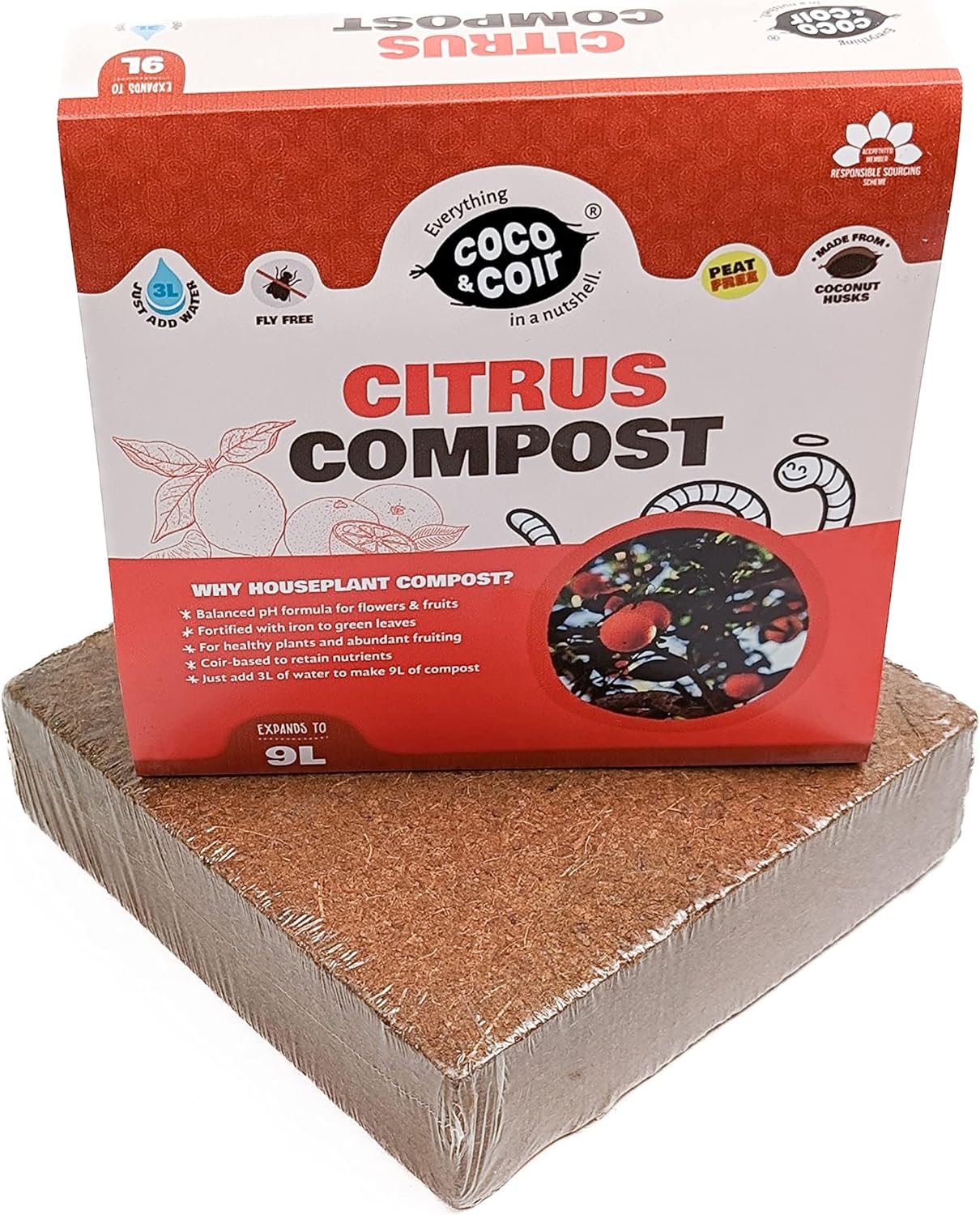 Coco & Coir Citrus Compost | Peat-free Coco Coir Citrus Plant Feed With Iron | Potting Compost Mix To Enhance Fruiting And Greener Leaves In All Citrus Plants (9L)