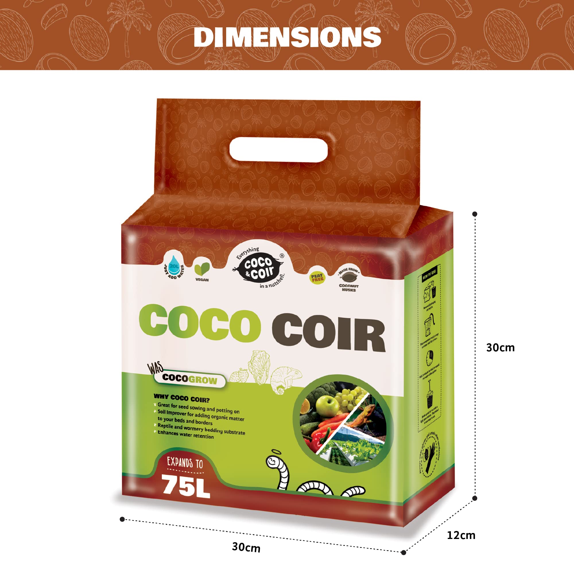 COCO & COIR Coco Soil Coconut Fibre. 100% Natural Organic Coconut Coir Compost Brick. Reptile Tortoise Bedding - Coco Grow (75L)