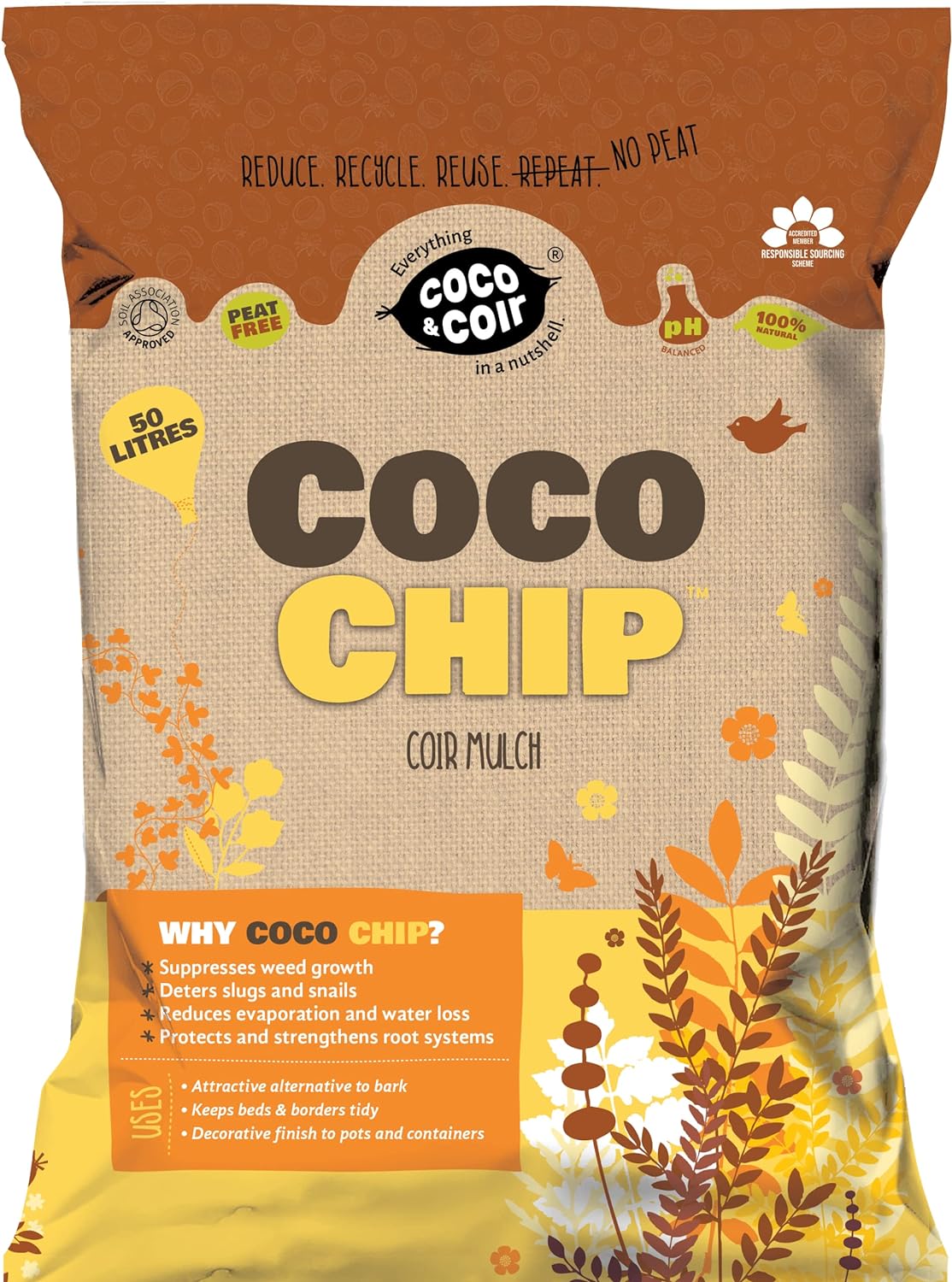 Coco & Coir Coco Chip Mulch (50L Bagged) | 100% Natural Eco-friendly Coir Mulch Bark Replacement