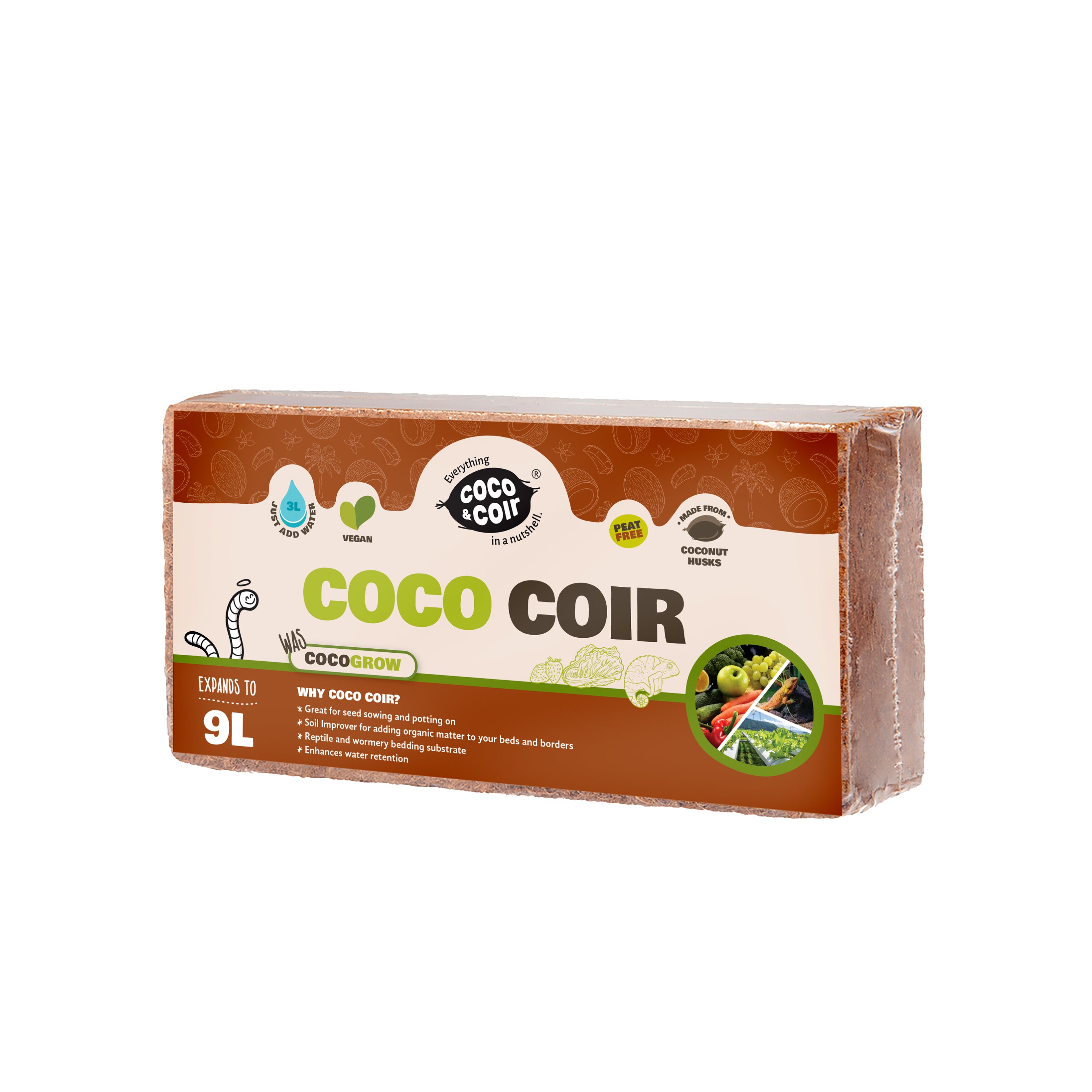 COCO & COIR Coco Soil Coconut Fibre. 100% Natural Organic Coconut Coir Compost Brick - Coco Grow (9L)