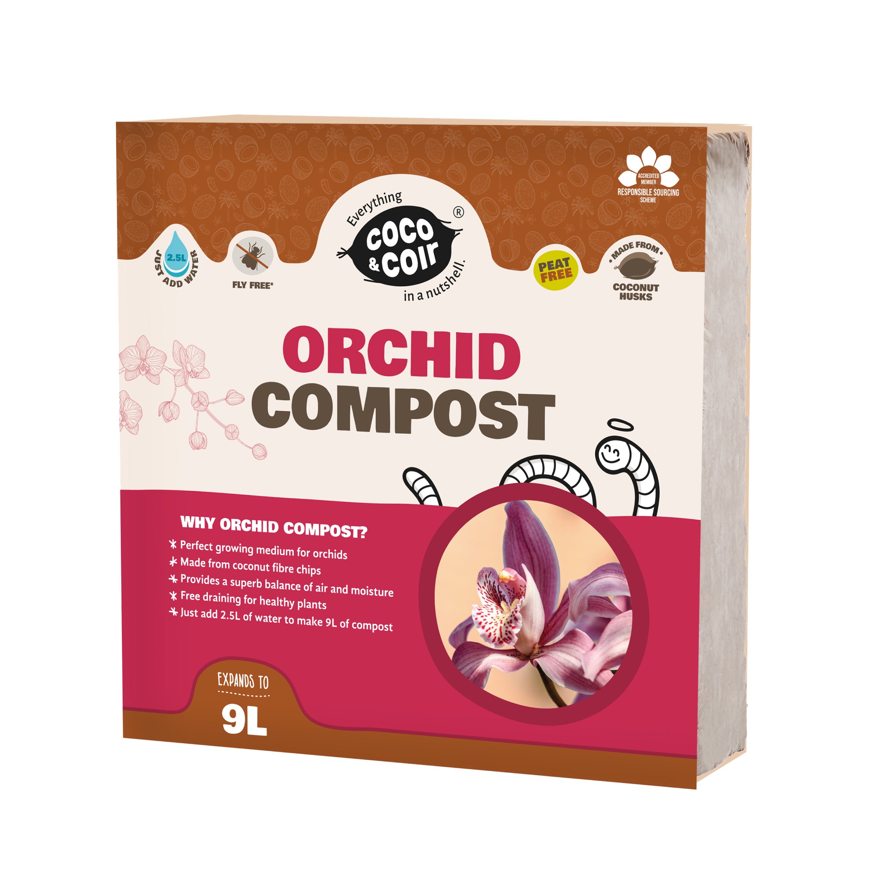 Coco & Coir Orchid Potting Mix | Peat-free Orchid Compost/Orchid Bark Replacement with Orchid Feed | Repotting All Orchid Plants (9L)