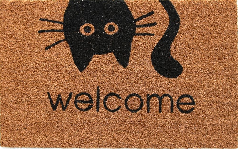 Coco & Coir Door Mats Indoor/Outdoor | Non Slip Cat Design Entrance Welcome Mat (Meow Welcome)